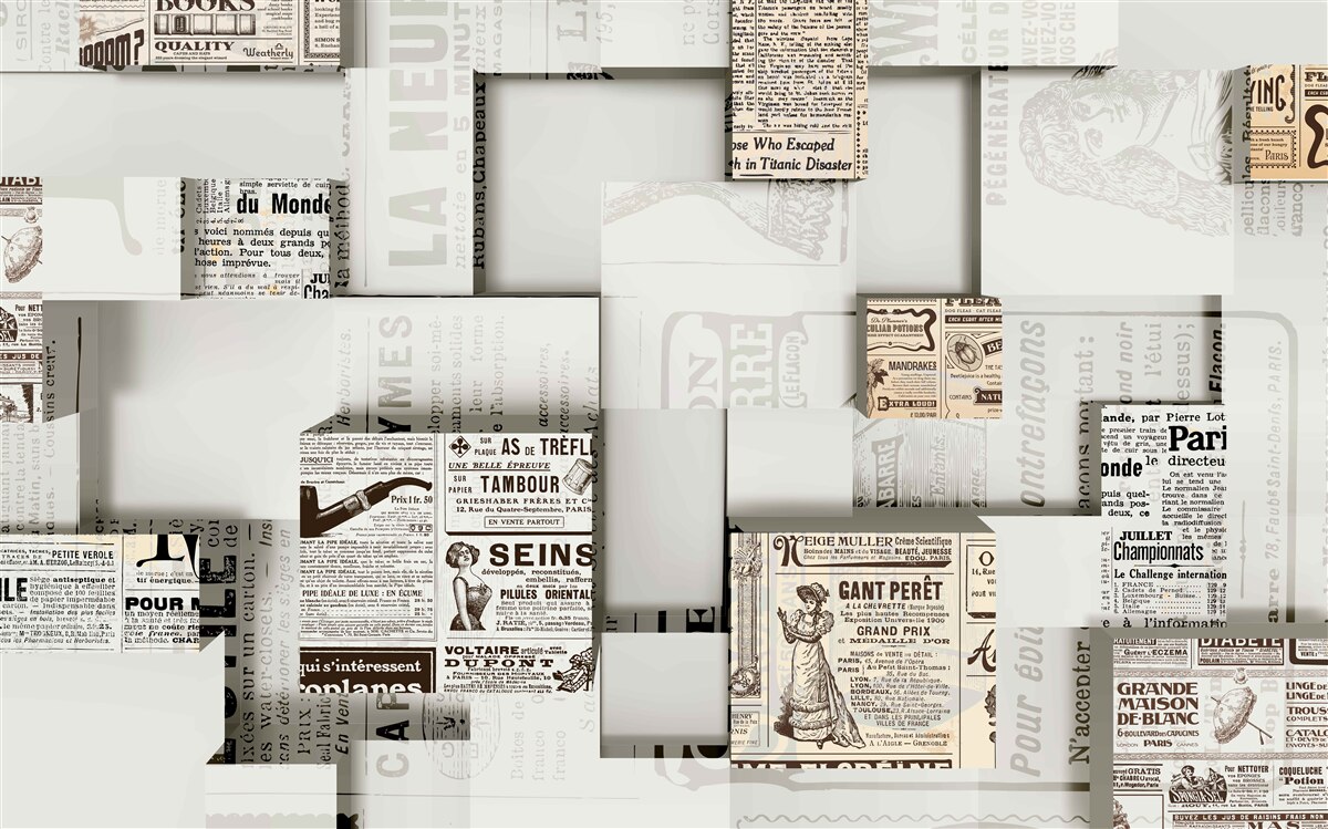 Fotobehang abstractie van krantendozen op planken