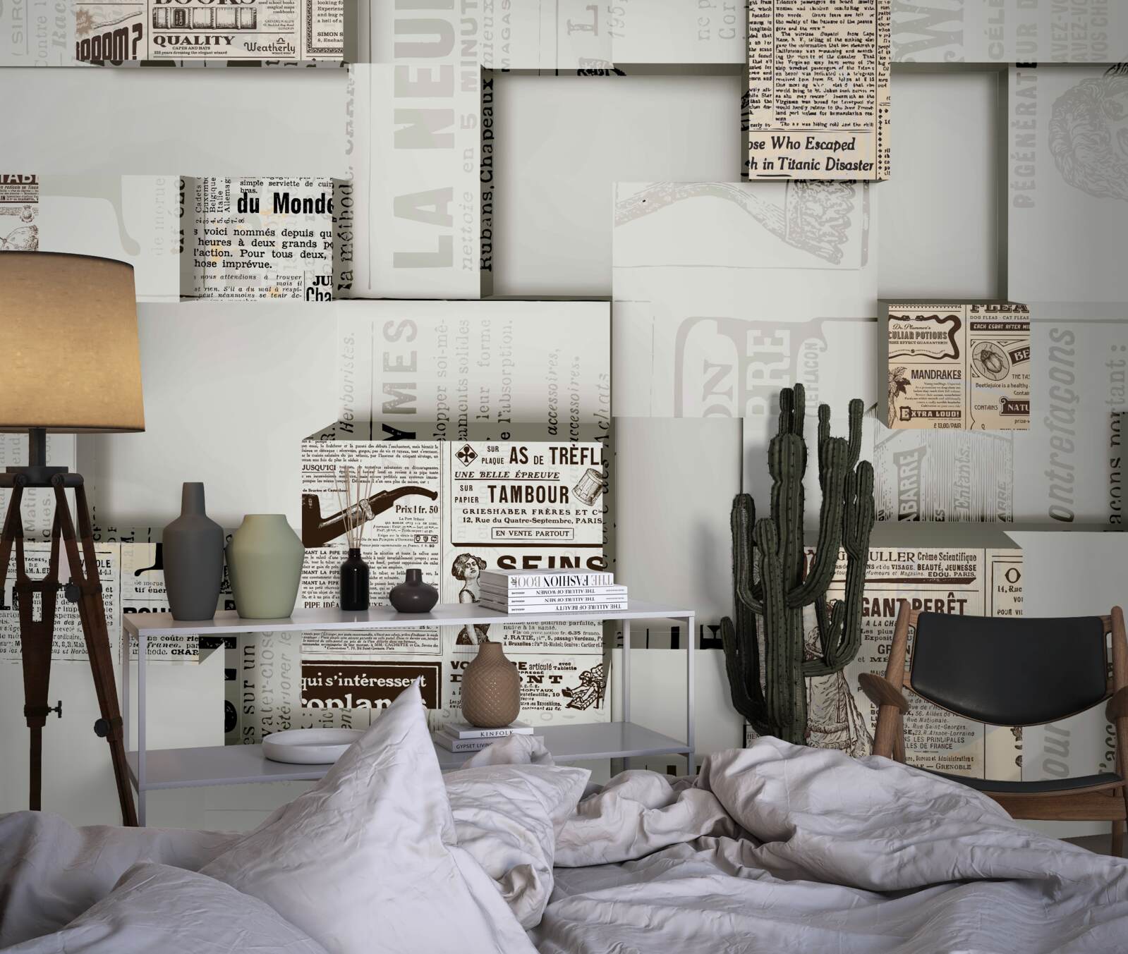 Fotobehang abstractie van krantendozen op planken