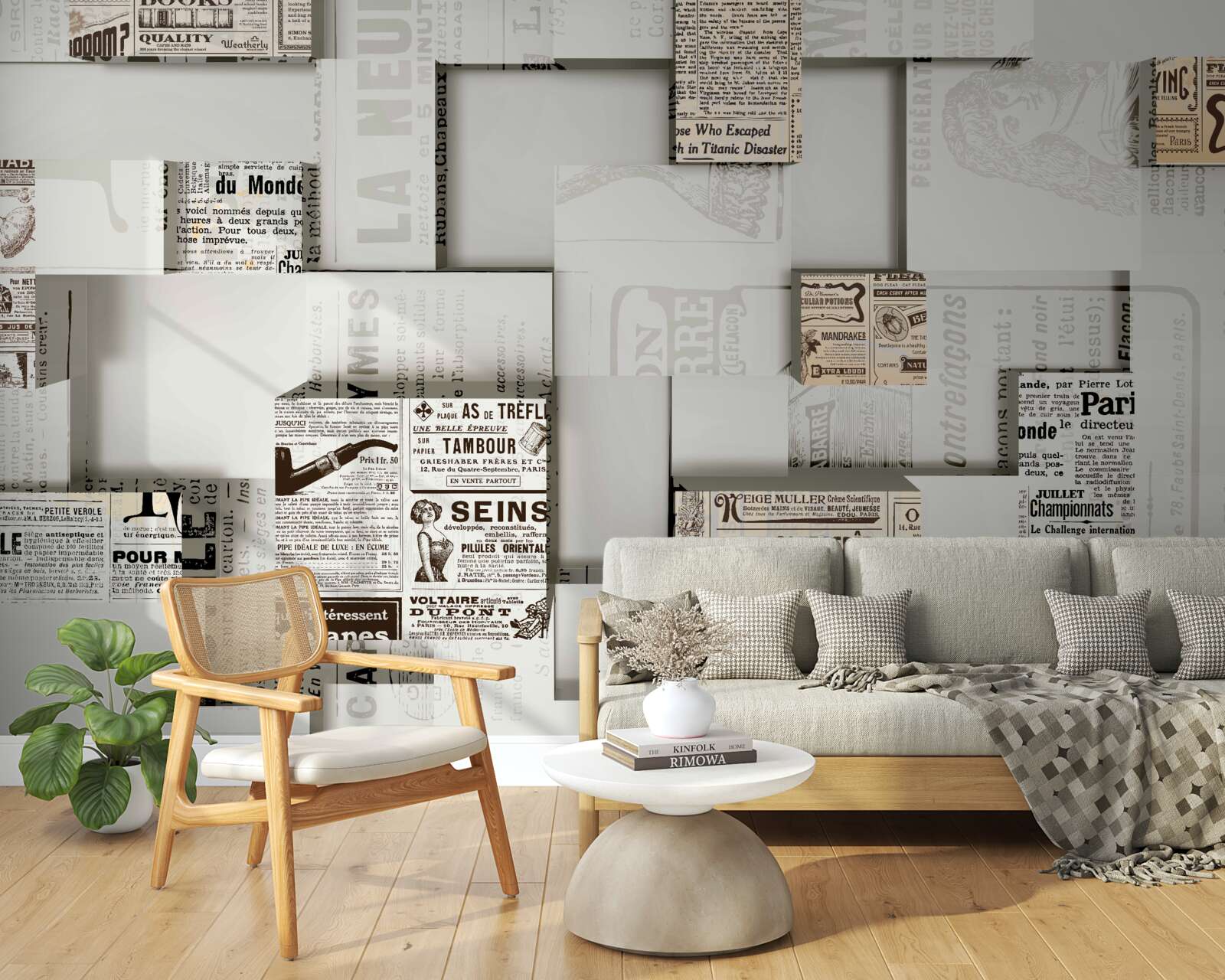 Fotobehang abstractie van krantendozen op planken