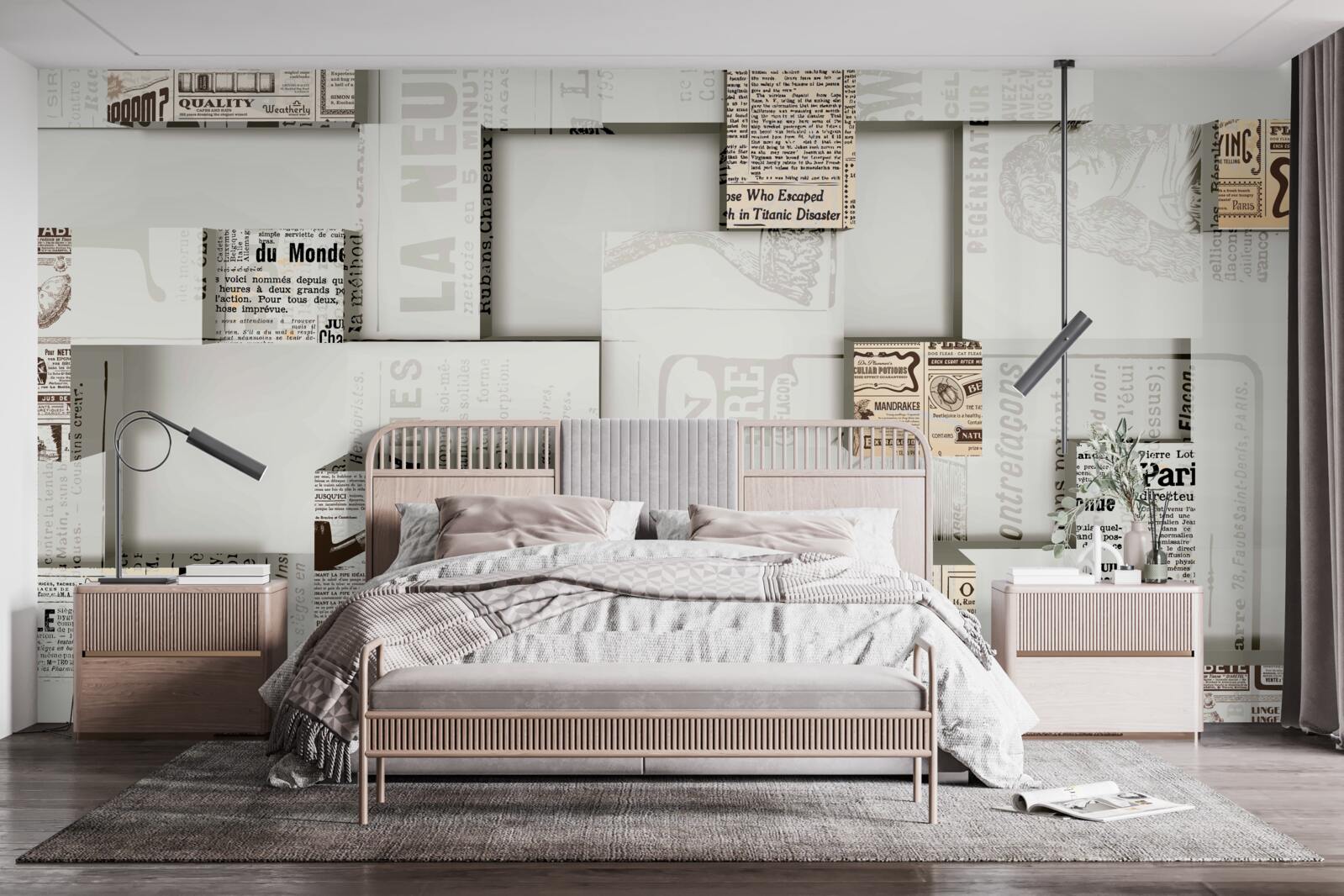 Fotobehang abstractie van krantendozen op planken