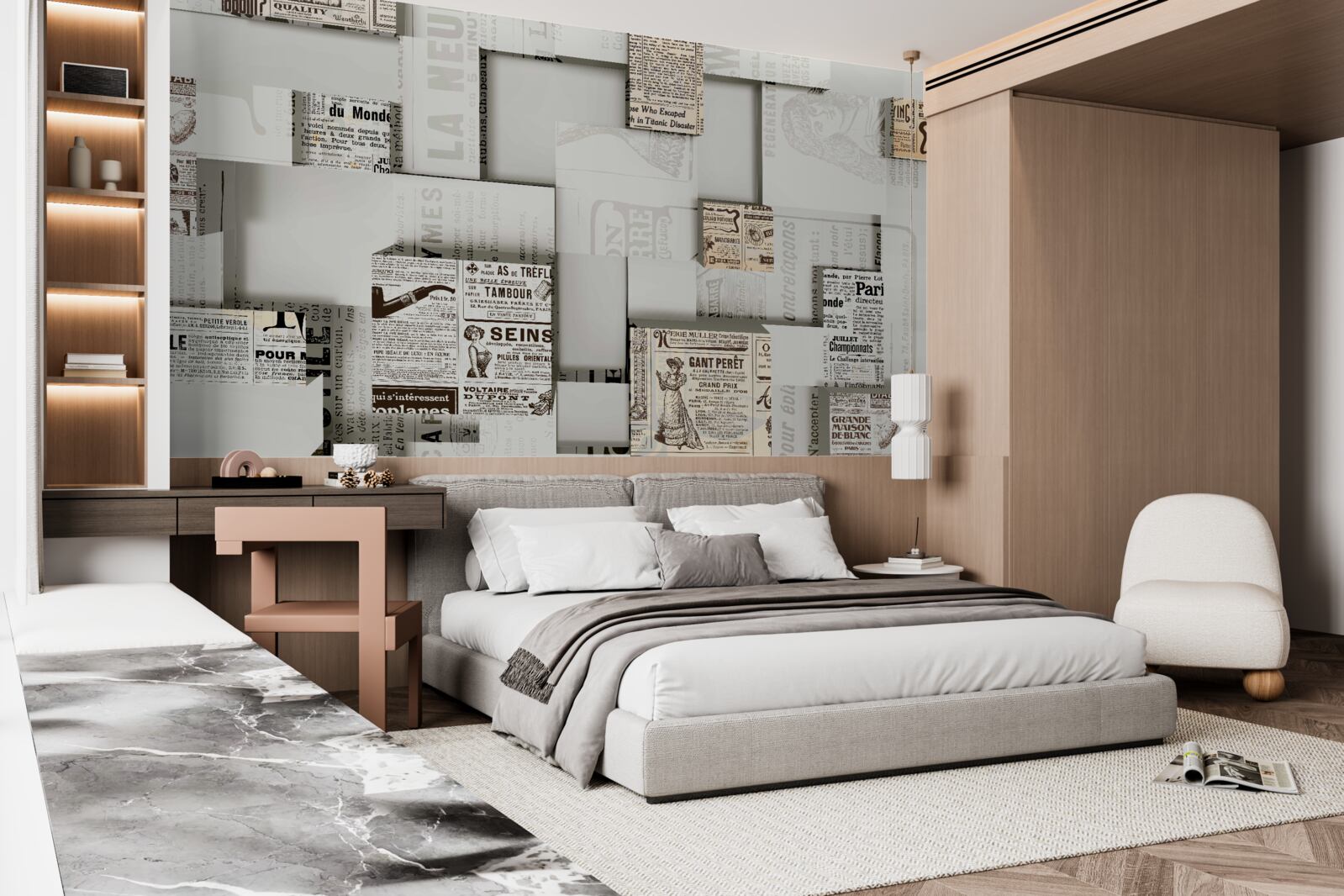 Fotobehang abstractie van krantendozen op planken