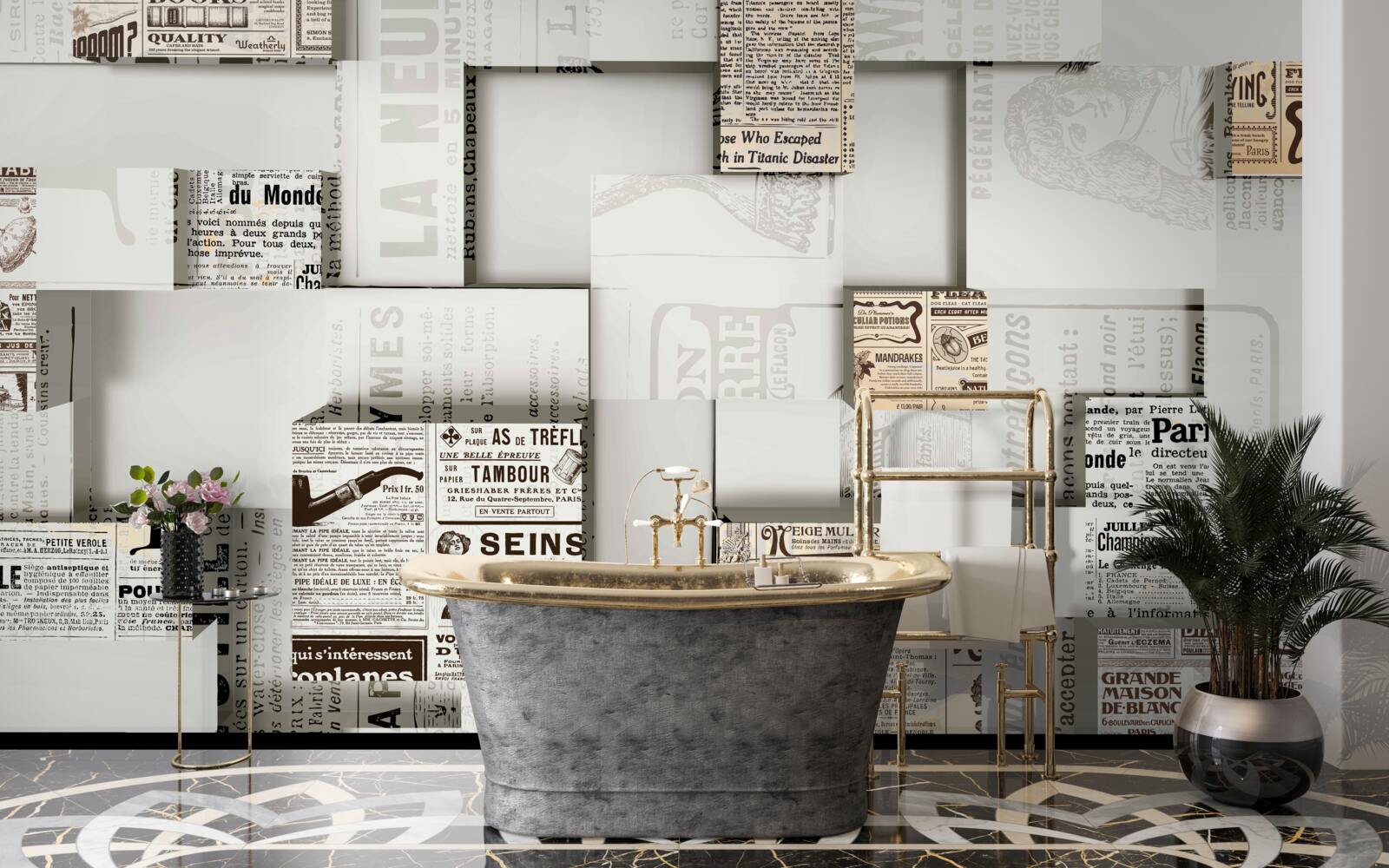 Fotobehang abstractie van krantendozen op planken