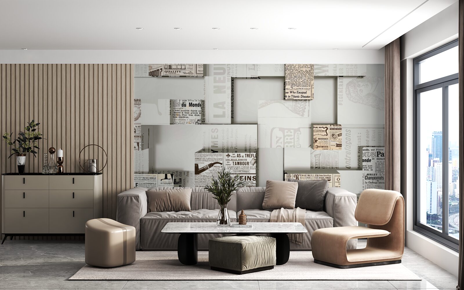 Fotobehang abstractie van krantendozen op planken