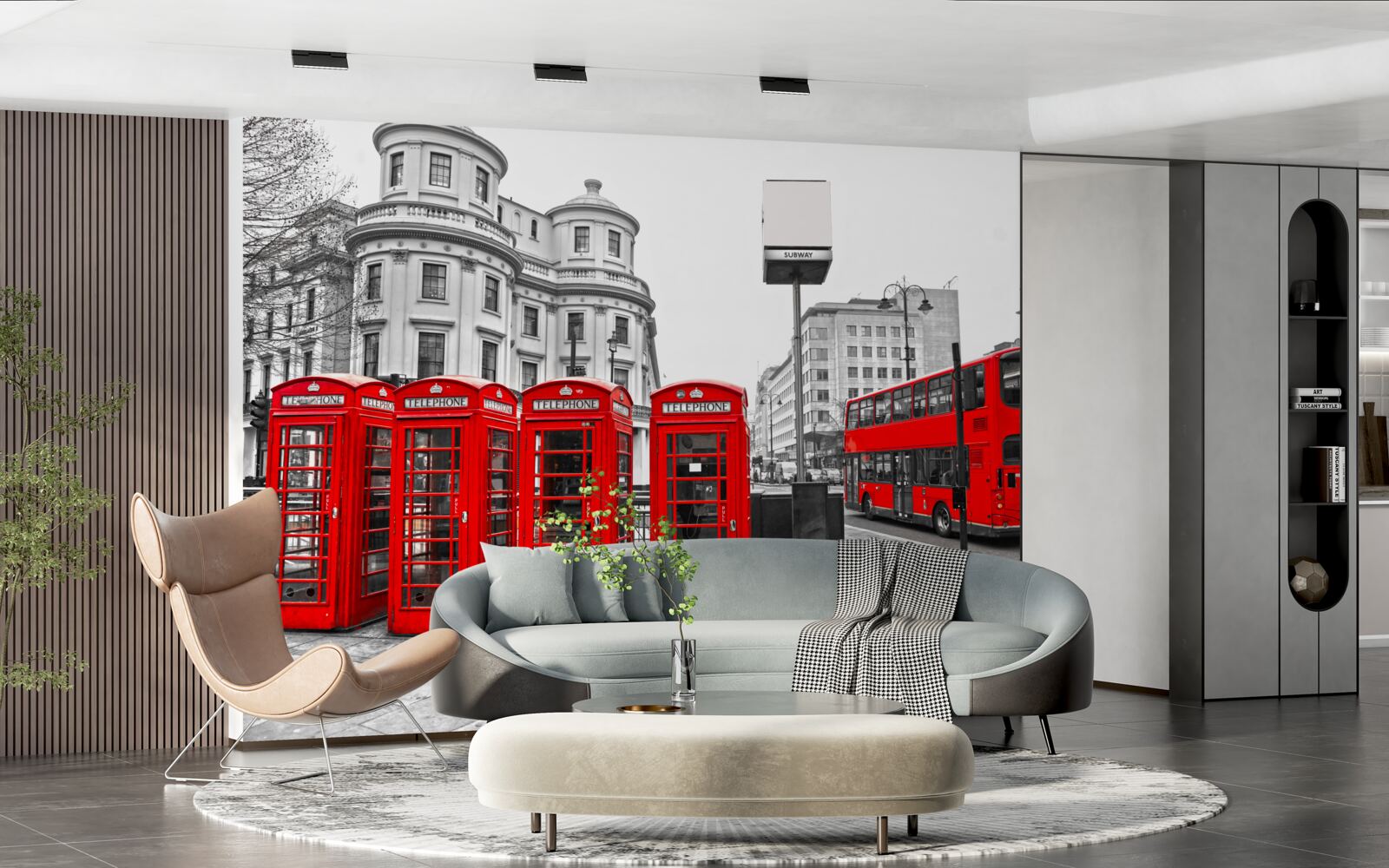 Fotobehang er zijn rode bussen en telefooncellen in de grijze stad