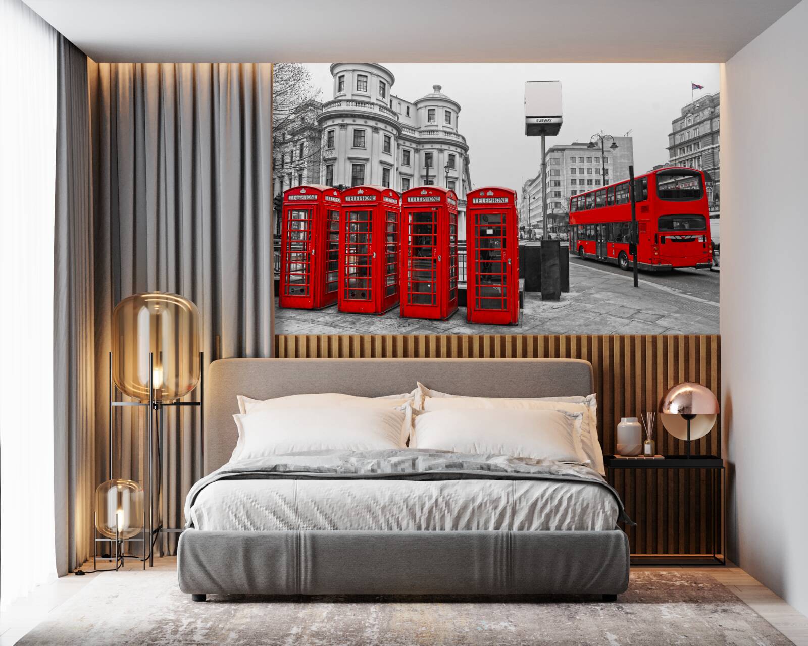 Fotobehang er zijn rode bussen en telefooncellen in de grijze stad
