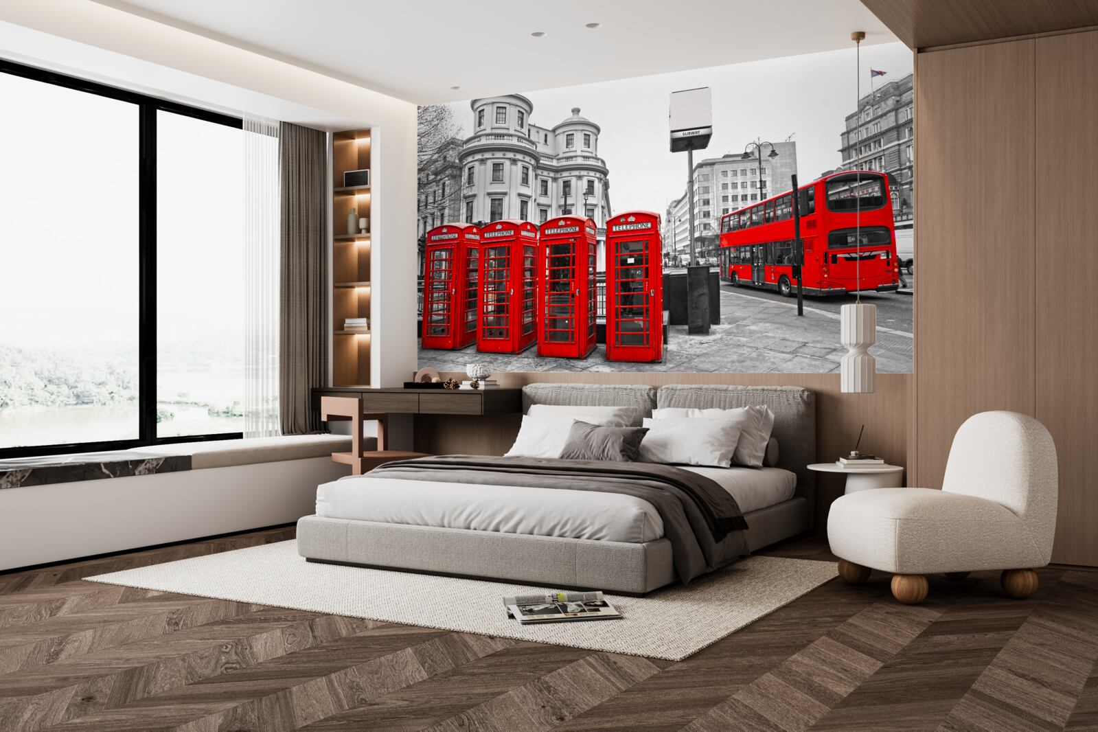 Fotobehang er zijn rode bussen en telefooncellen in de grijze stad