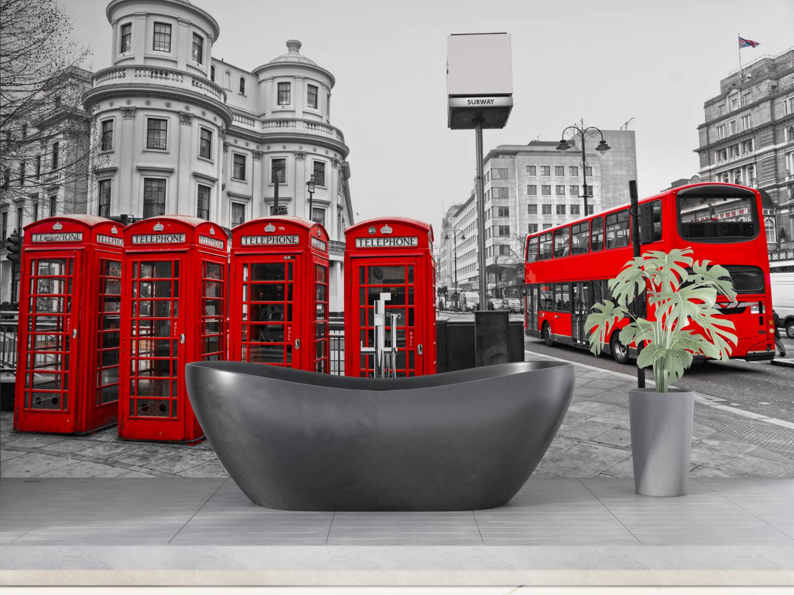 Fotobehang er zijn rode bussen en telefooncellen in de grijze stad