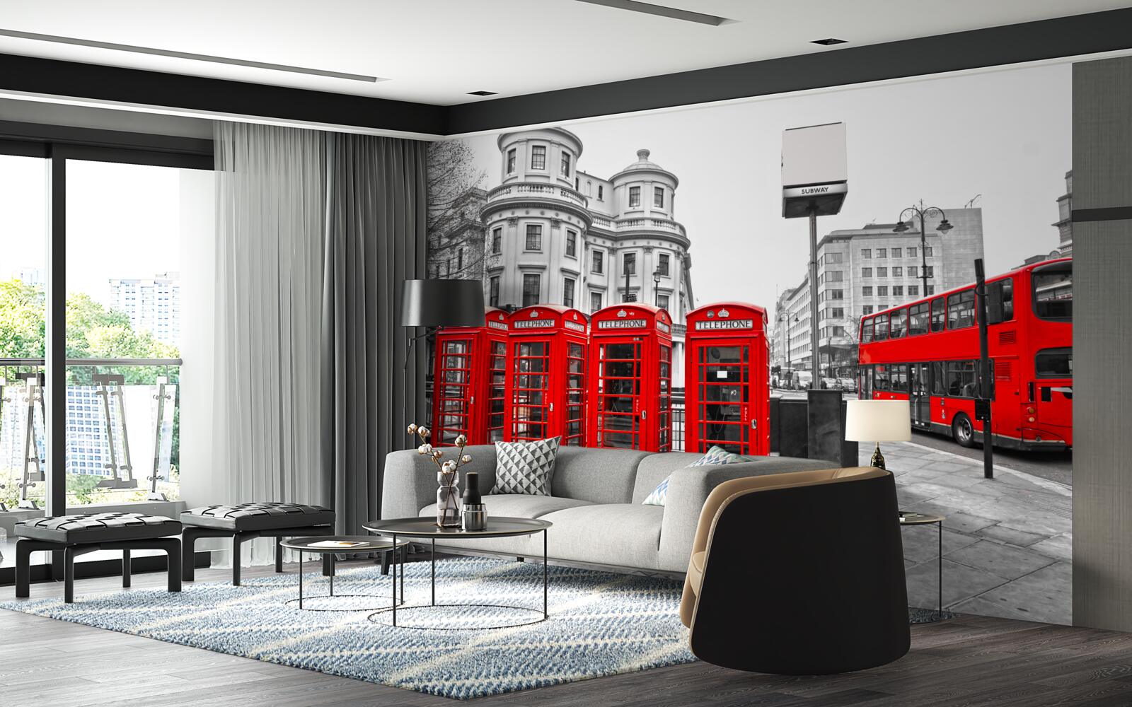 Fotobehang er zijn rode bussen en telefooncellen in de grijze stad