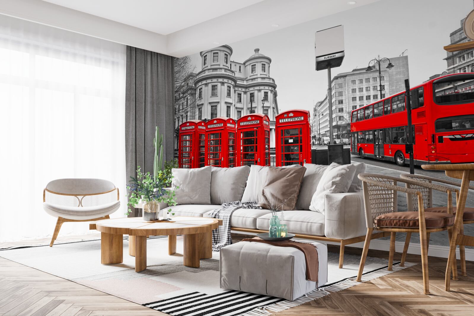 Fotobehang er zijn rode bussen en telefooncellen in de grijze stad