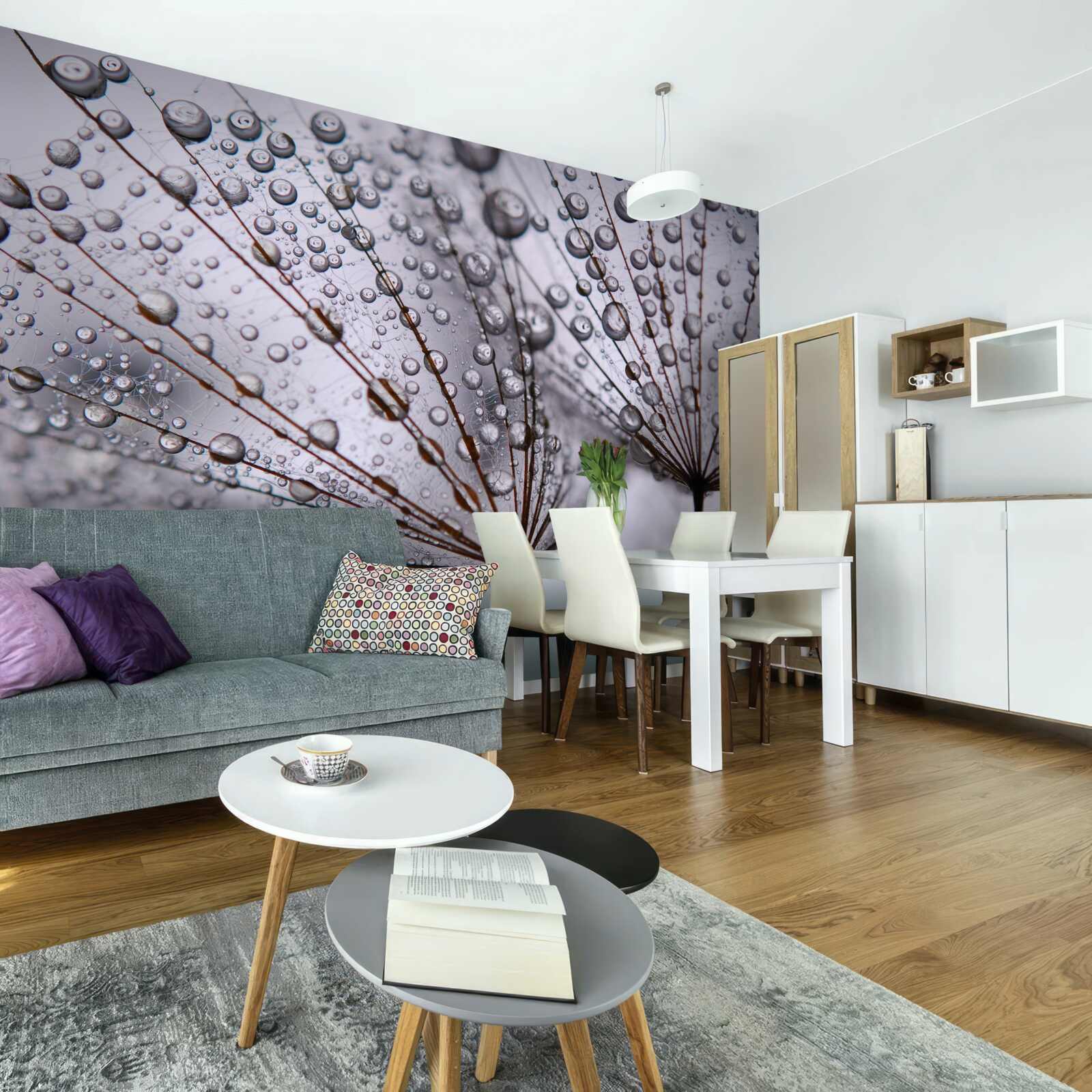 Fotobehang dauwdruppels op paardenbloemen