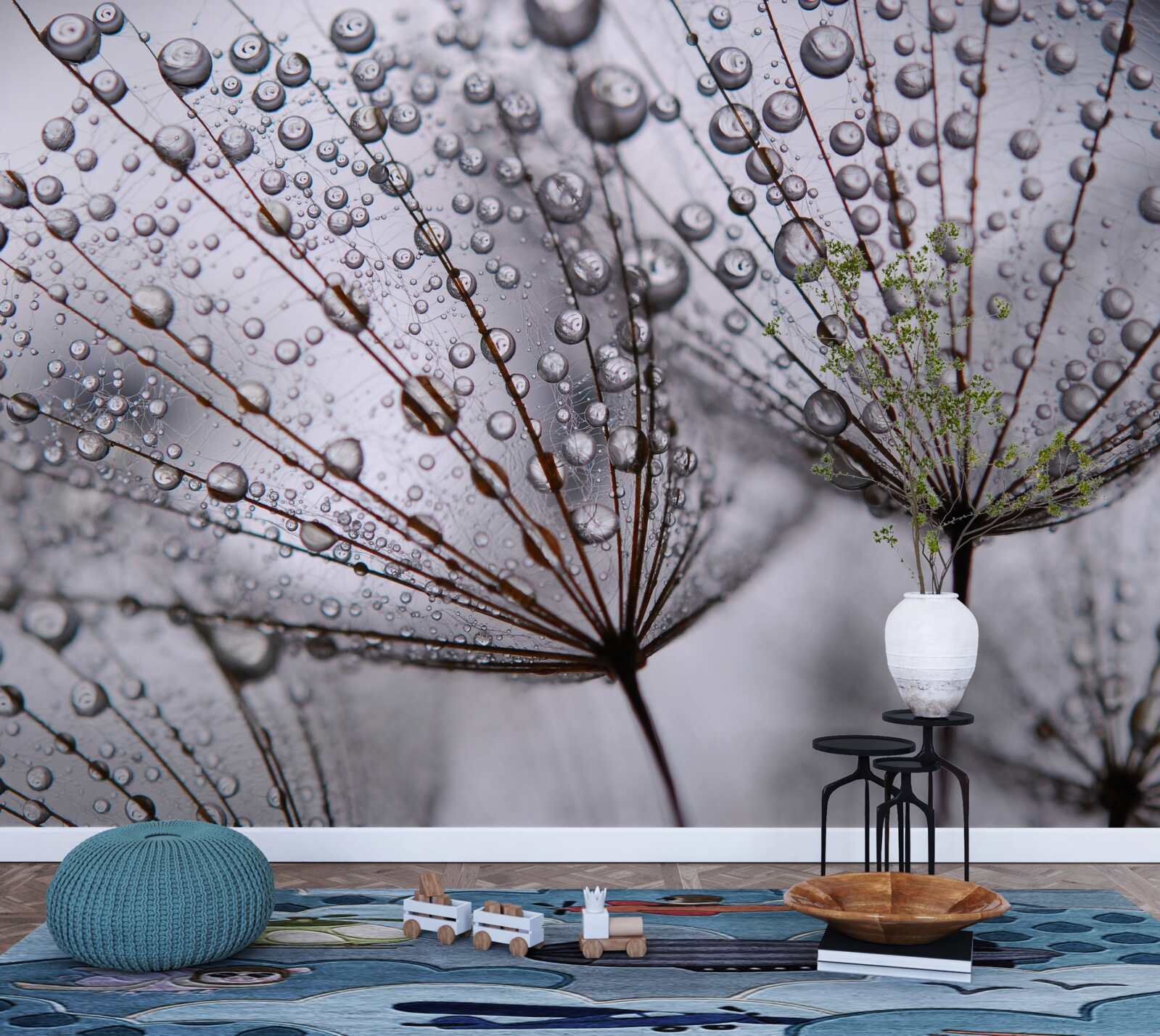 Fotobehang dauwdruppels op paardenbloemen