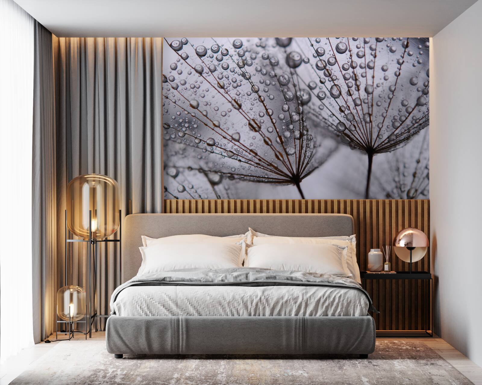 Fotobehang dauwdruppels op paardenbloemen