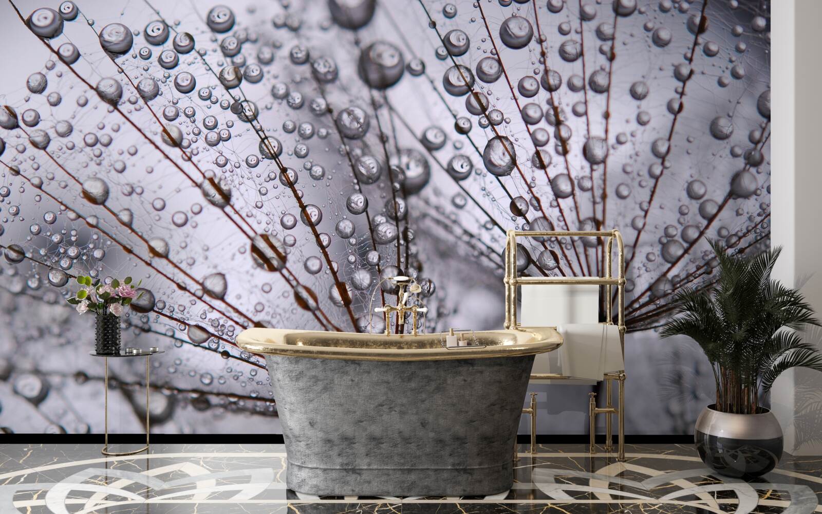 Fotobehang dauwdruppels op paardenbloemen