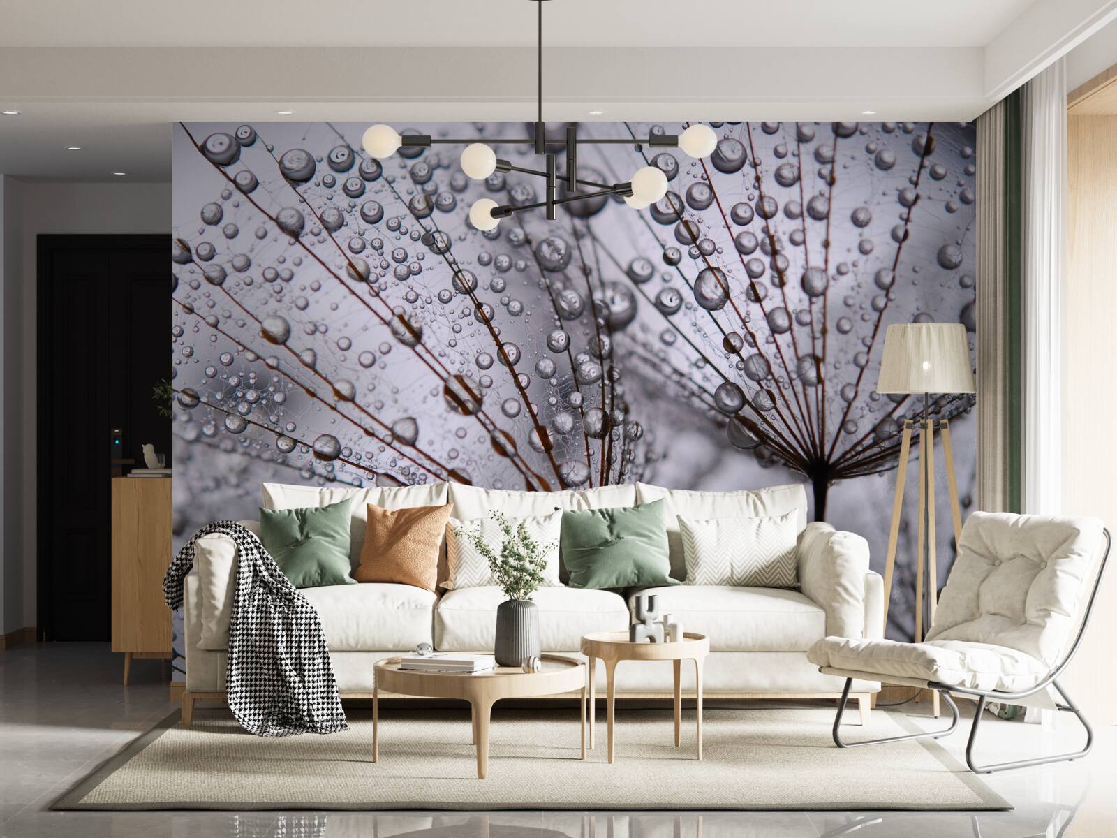 Fotobehang dauwdruppels op paardenbloemen