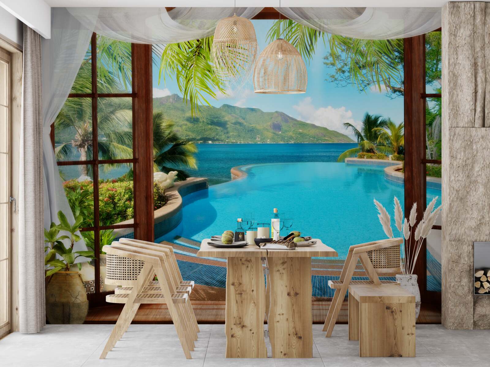 Fotobehang zwembad op het terras met een prachtig uitzicht op de bergen