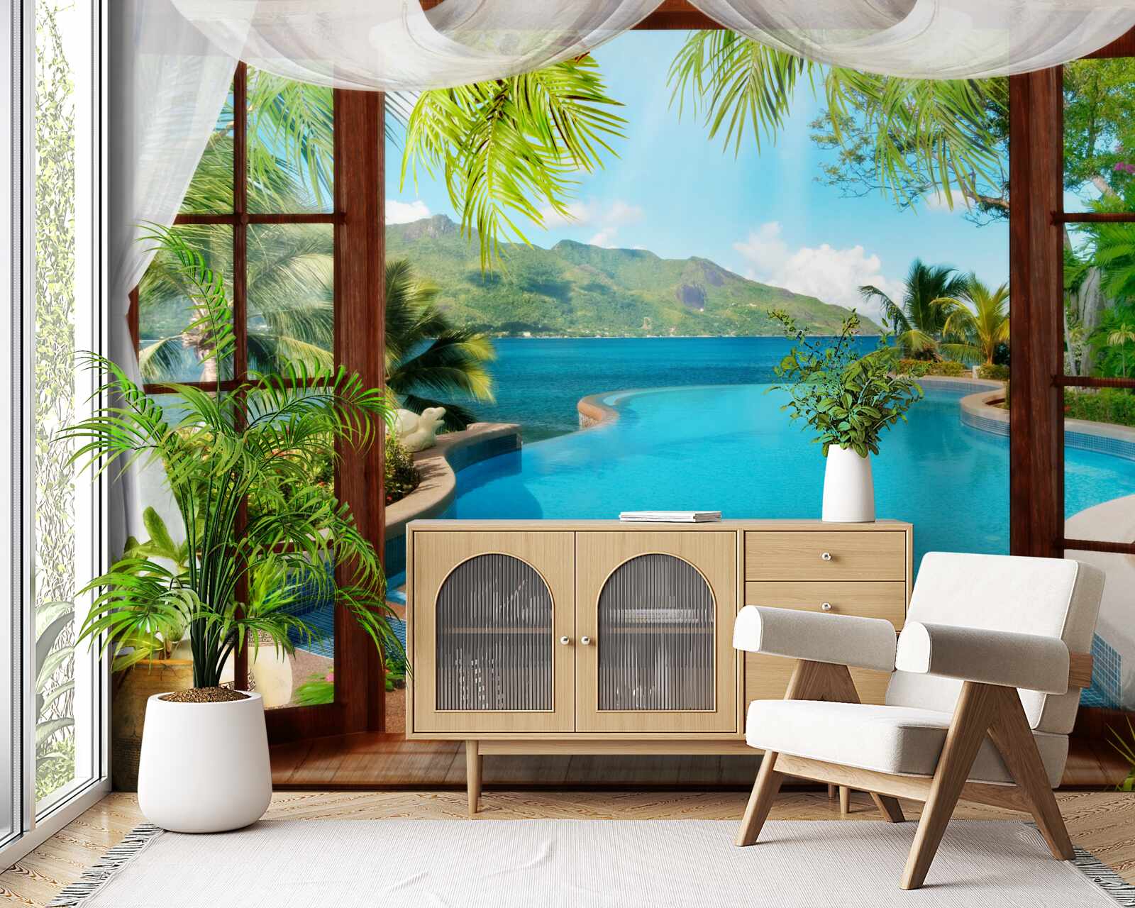 Fotobehang zwembad op het terras met een prachtig uitzicht op de bergen