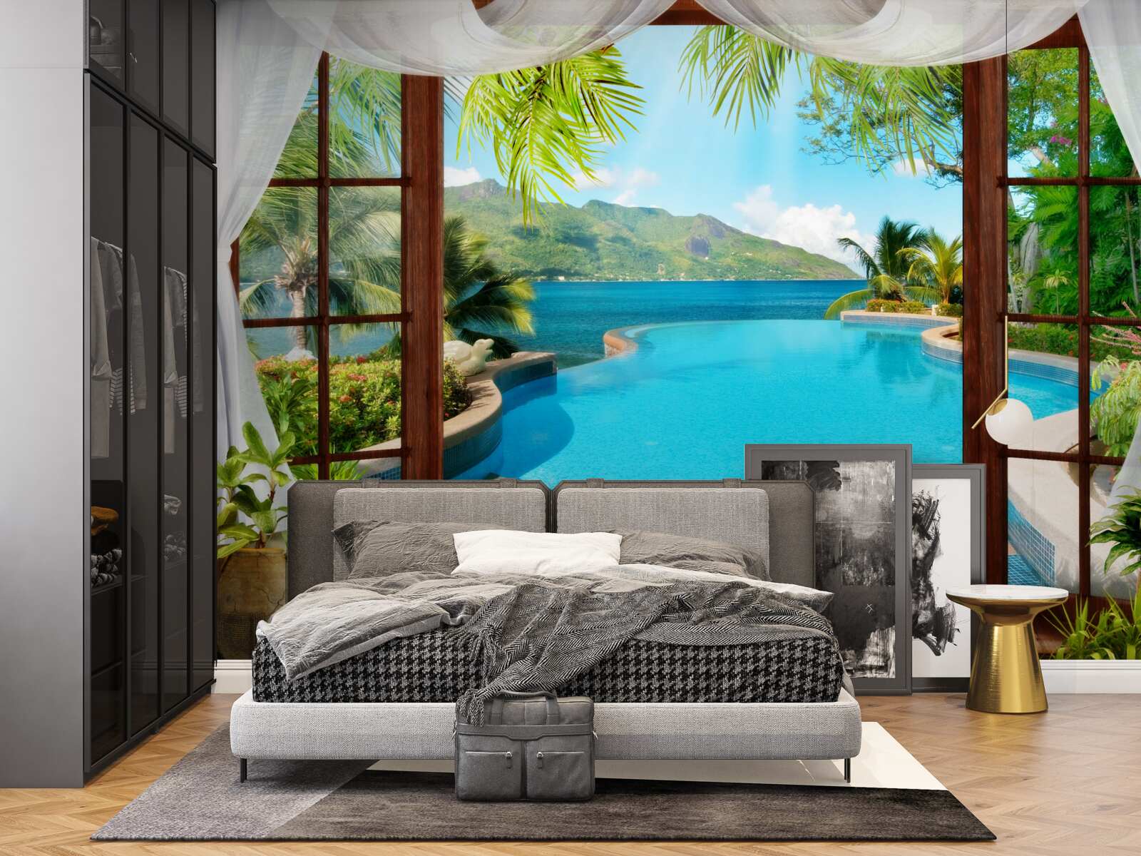 Fotobehang zwembad op het terras met een prachtig uitzicht op de bergen