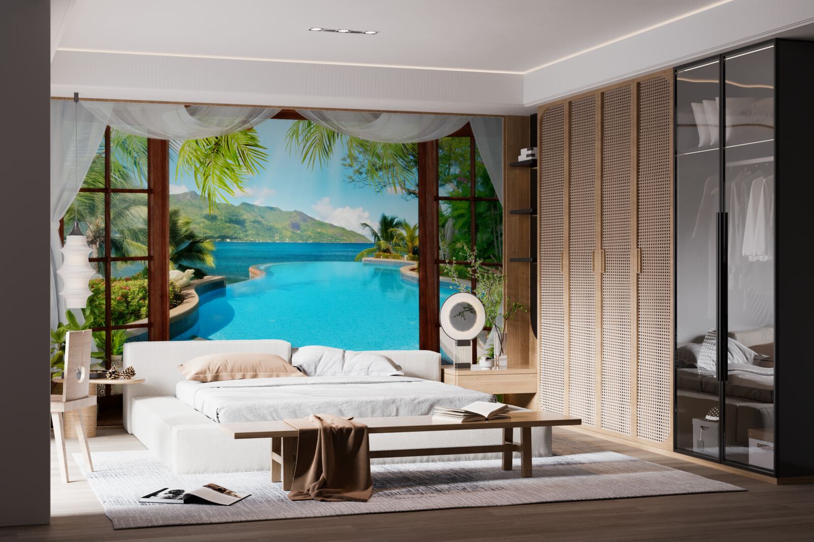 Fotobehang zwembad op het terras met een prachtig uitzicht op de bergen