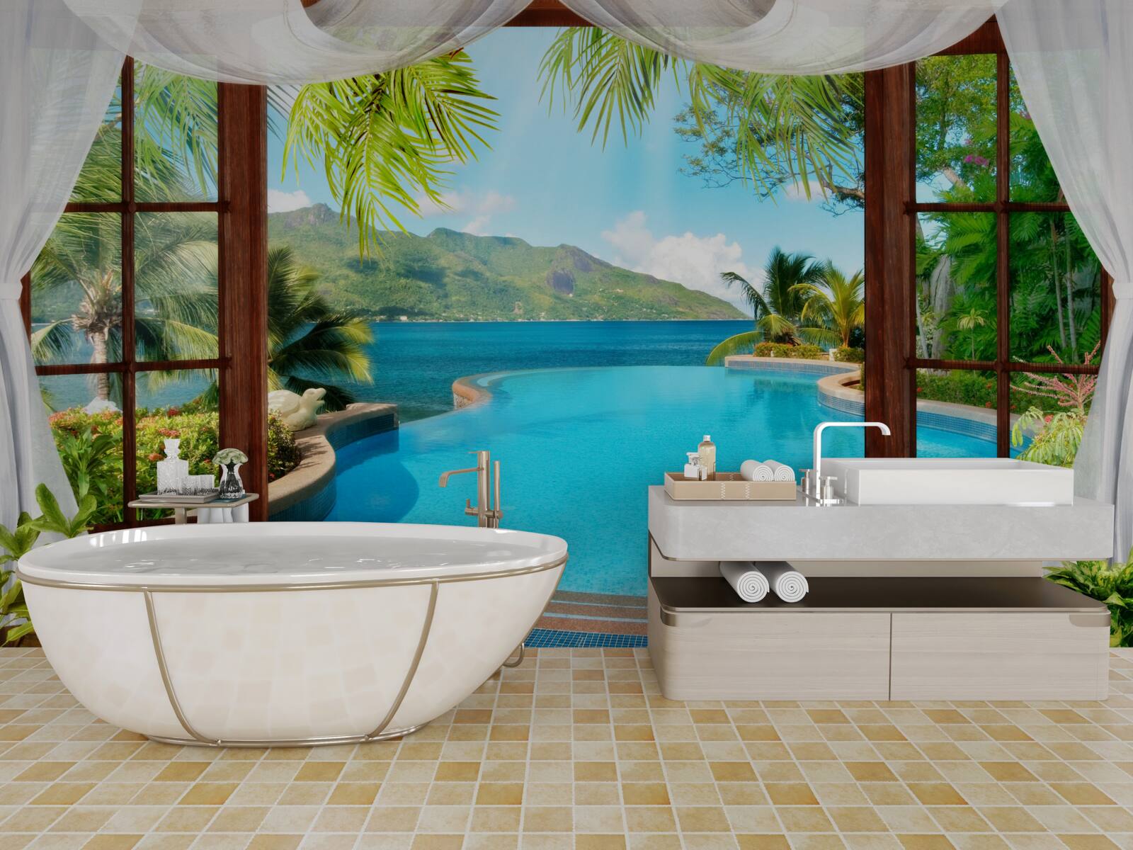 Fotobehang zwembad op het terras met een prachtig uitzicht op de bergen