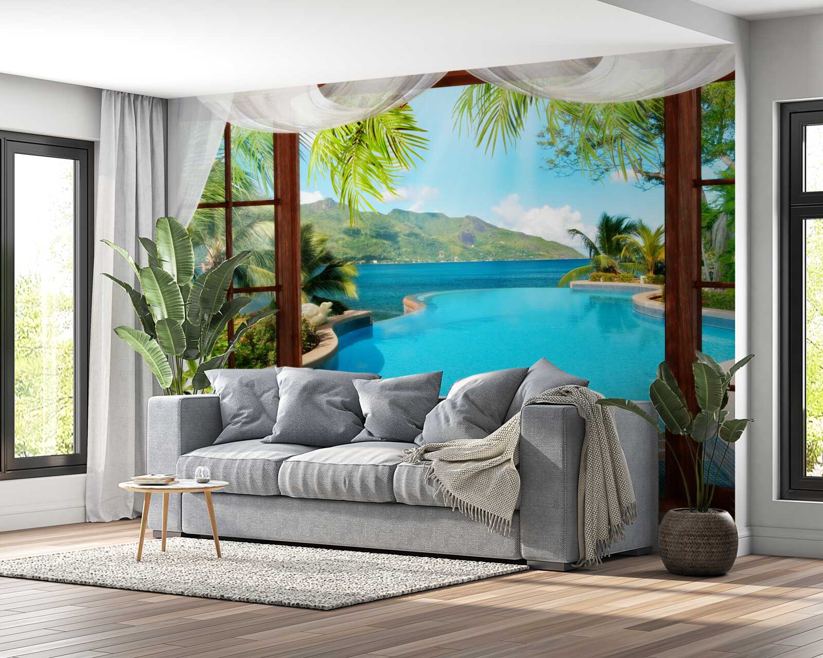 Fotobehang zwembad op het terras met een prachtig uitzicht op de bergen