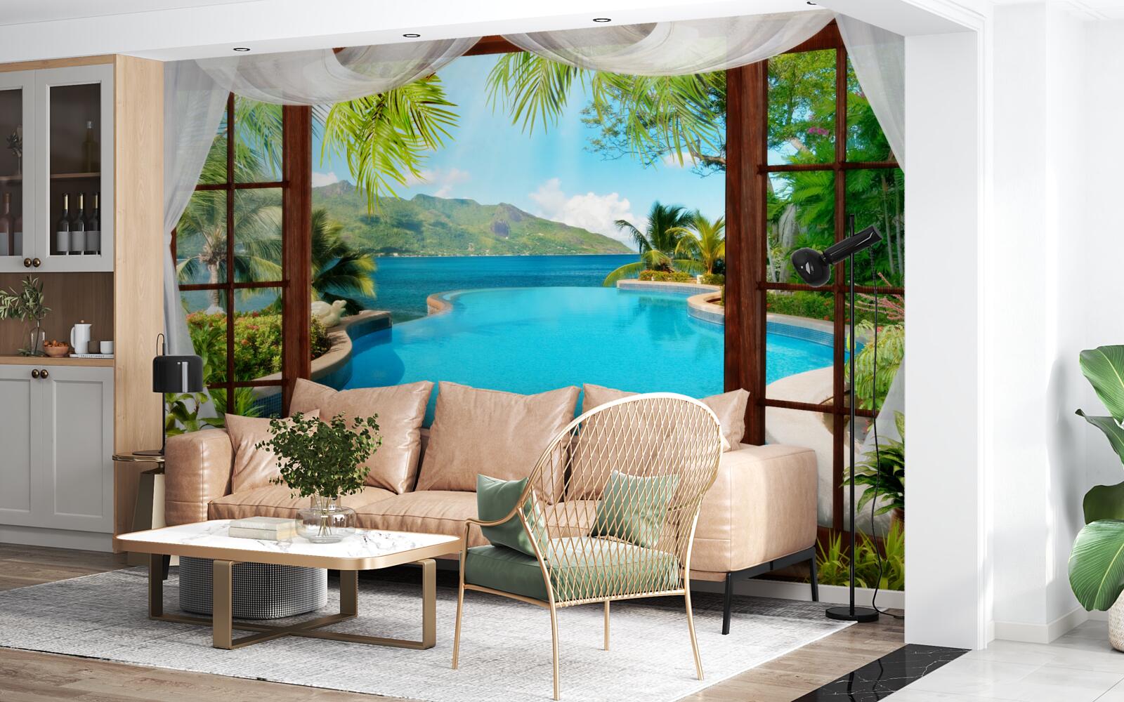 Fotobehang zwembad op het terras met een prachtig uitzicht op de bergen