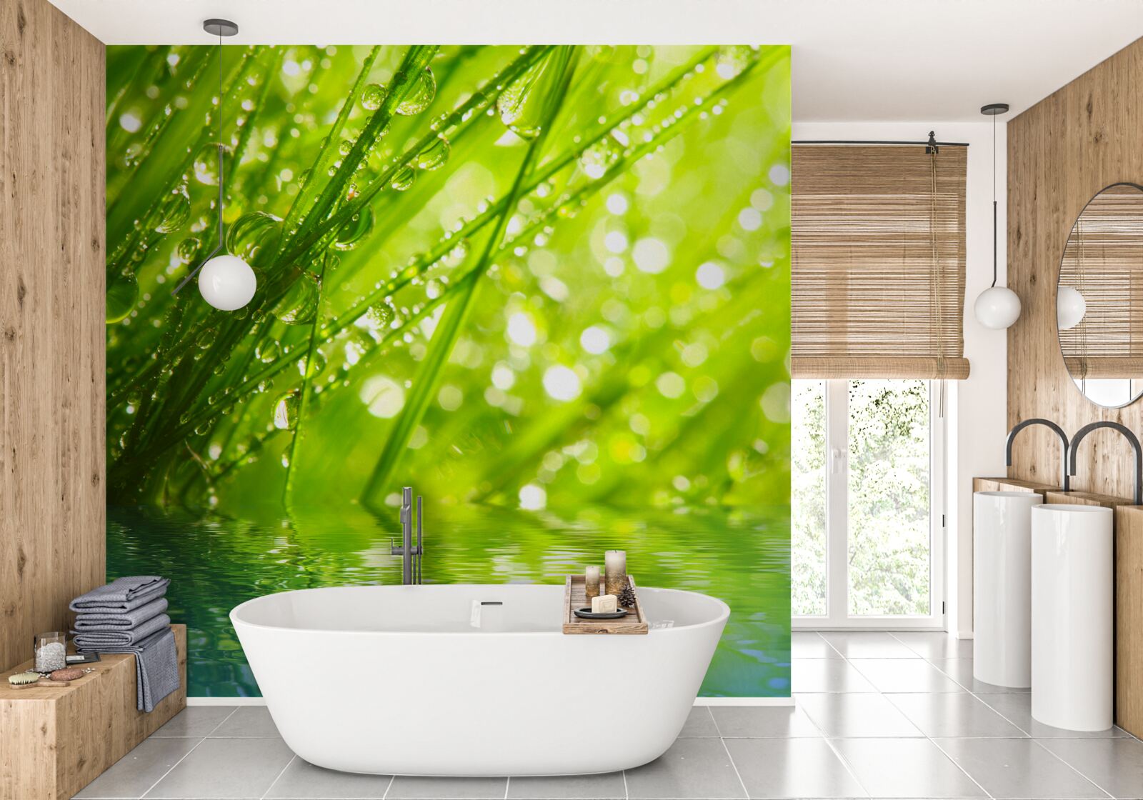 Fotobehang grote dauwdruppels op takken bij water