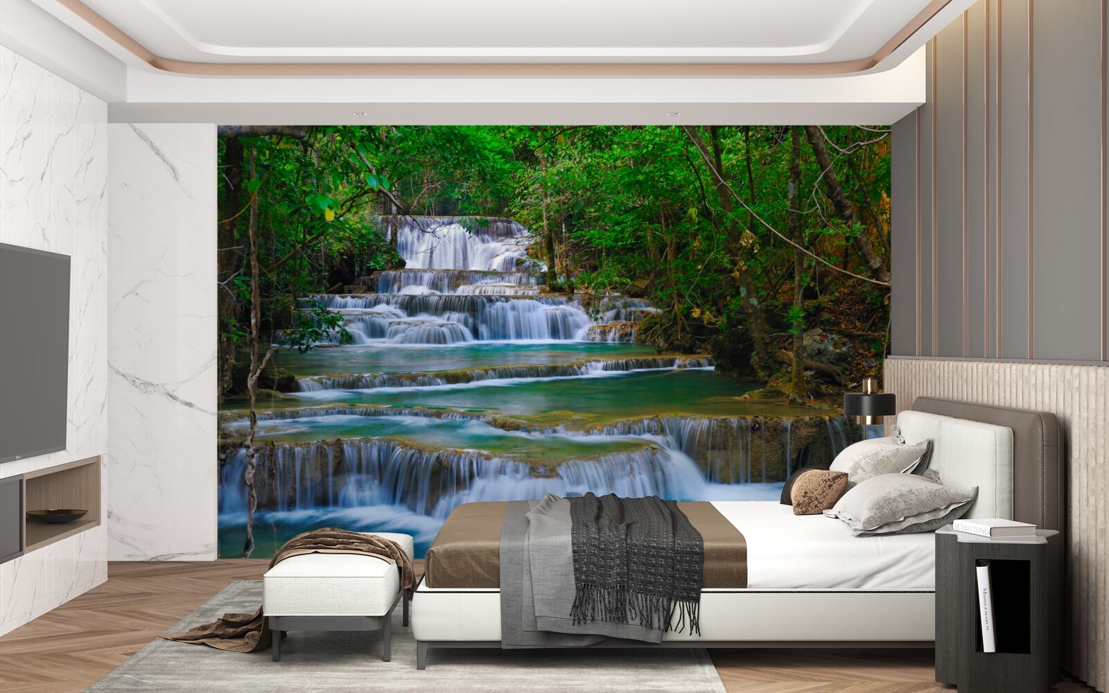 Fotobehang grote waterval met turquoise water dat naar beneden stort