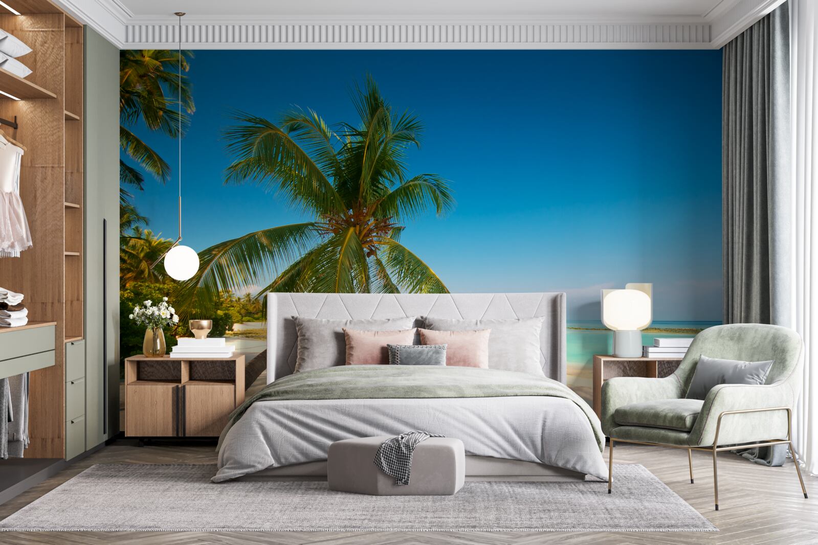 Fotobehang hangmat gespannen onder een palmboom aan een tropische kustlijn