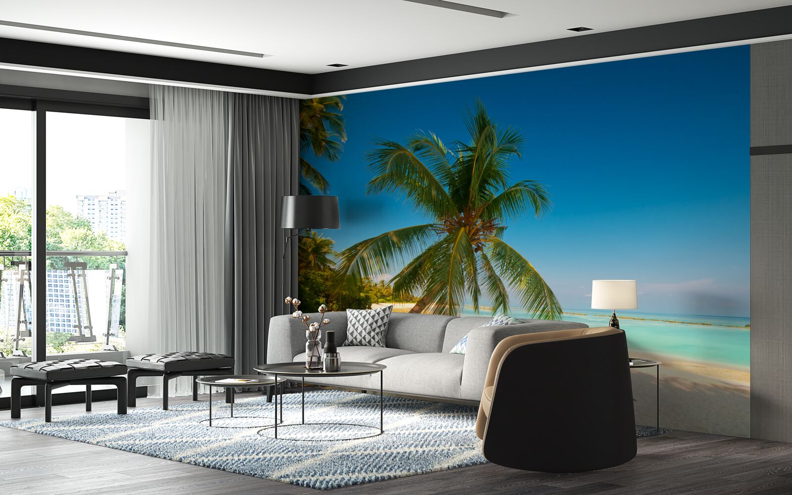 Fotobehang hangmat gespannen onder een palmboom aan een tropische kustlijn