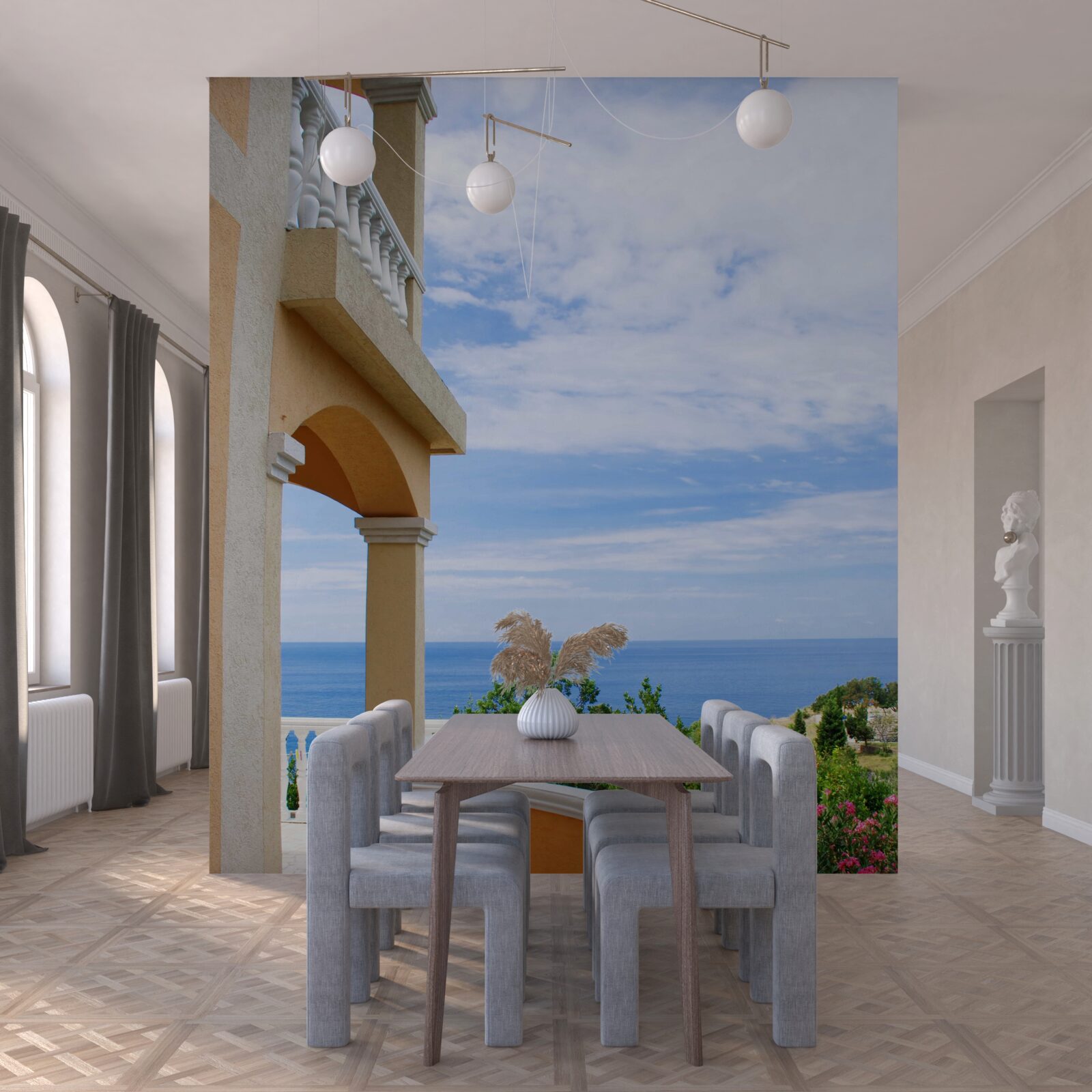 Fotobehang panoramisch uitzicht op de grenzeloze oceaan vanaf het observatiedek van het huis