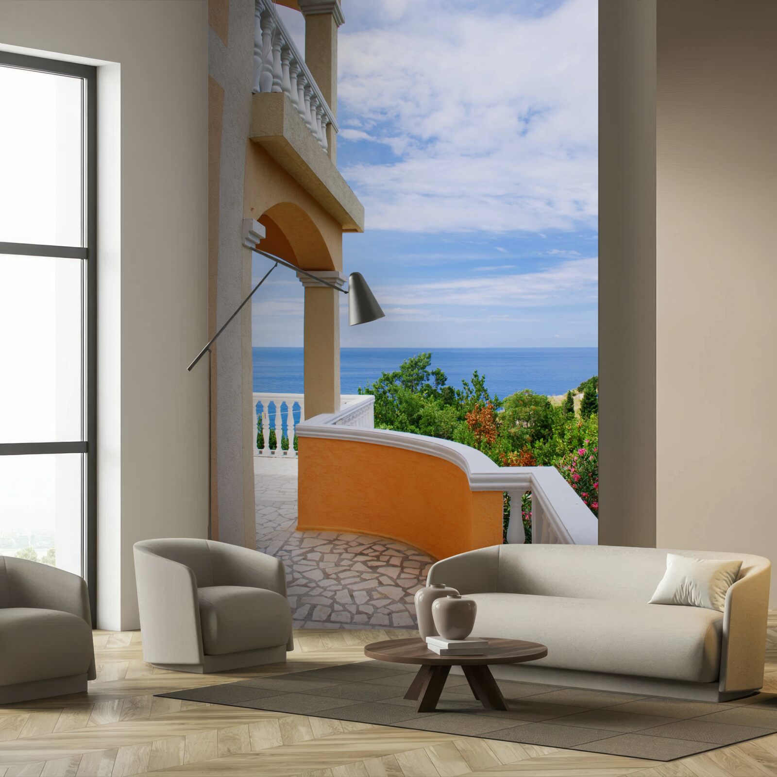 Fotobehang panoramisch uitzicht op de grenzeloze oceaan vanaf het observatiedek van het huis