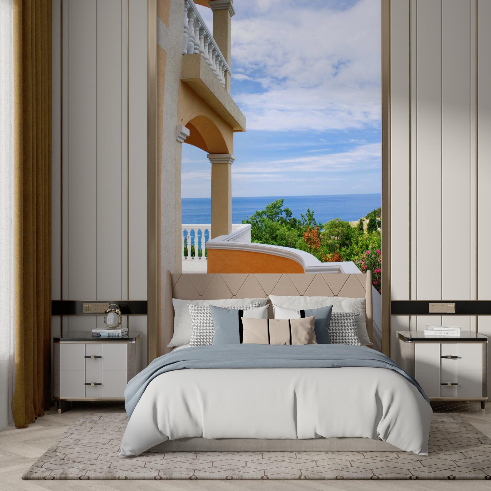 Fotobehang panoramisch uitzicht op de grenzeloze oceaan vanaf het observatiedek van het huis