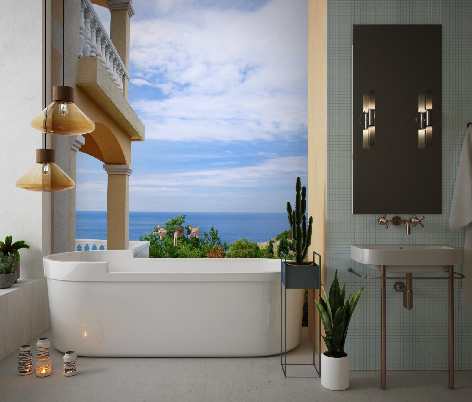 Fotobehang panoramisch uitzicht op de grenzeloze oceaan vanaf het observatiedek van het huis