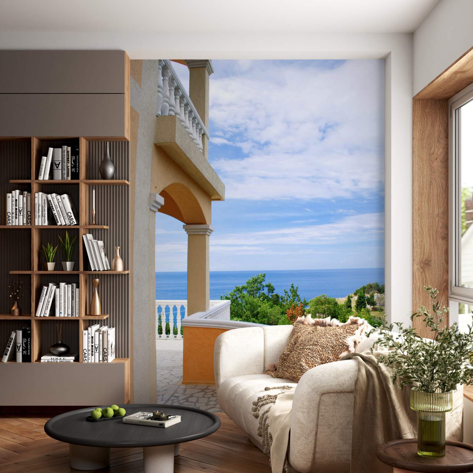 Fotobehang panoramisch uitzicht op de grenzeloze oceaan vanaf het observatiedek van het huis