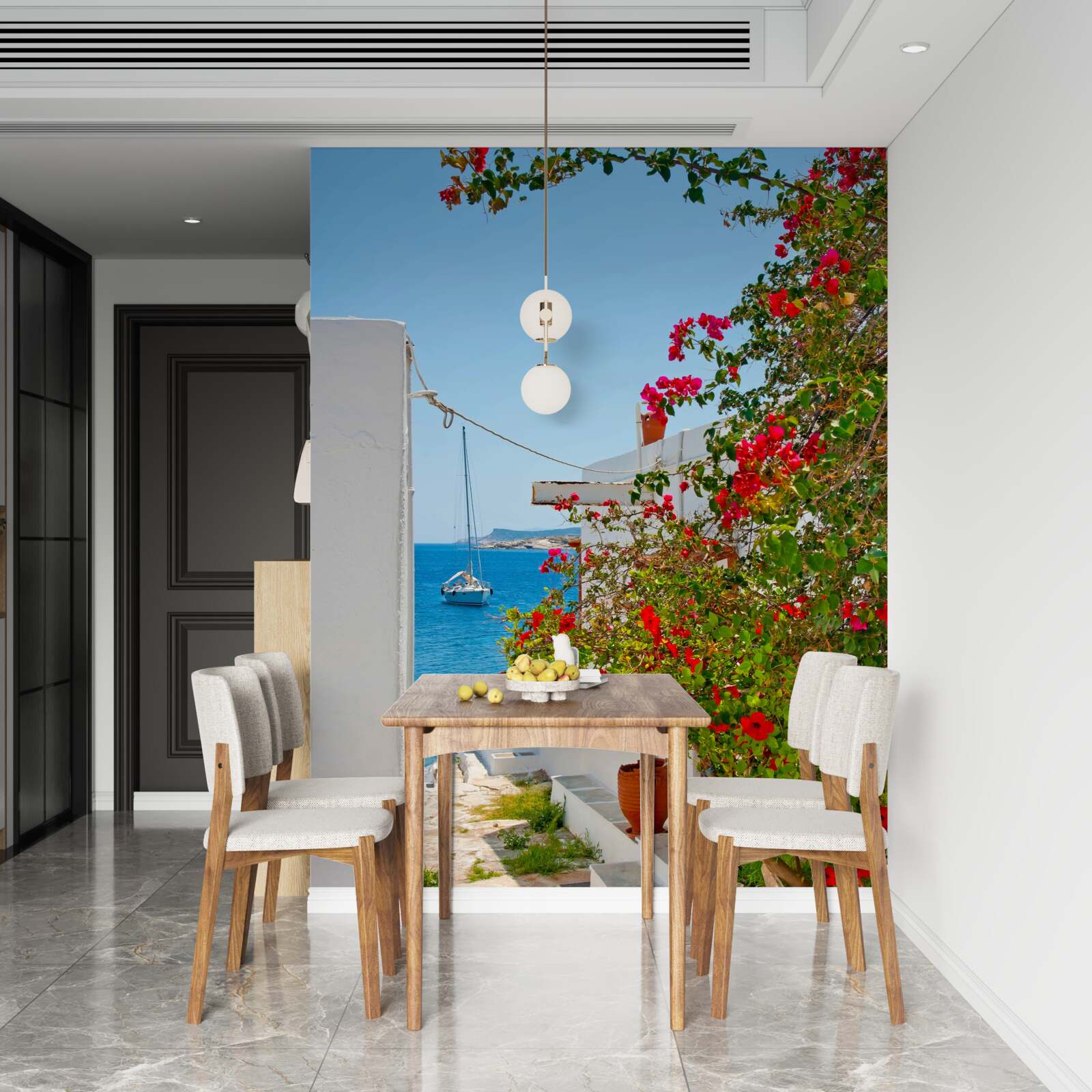 Fotobehang de kleur van rode granaatappel gluurt door de muren van witte huizen