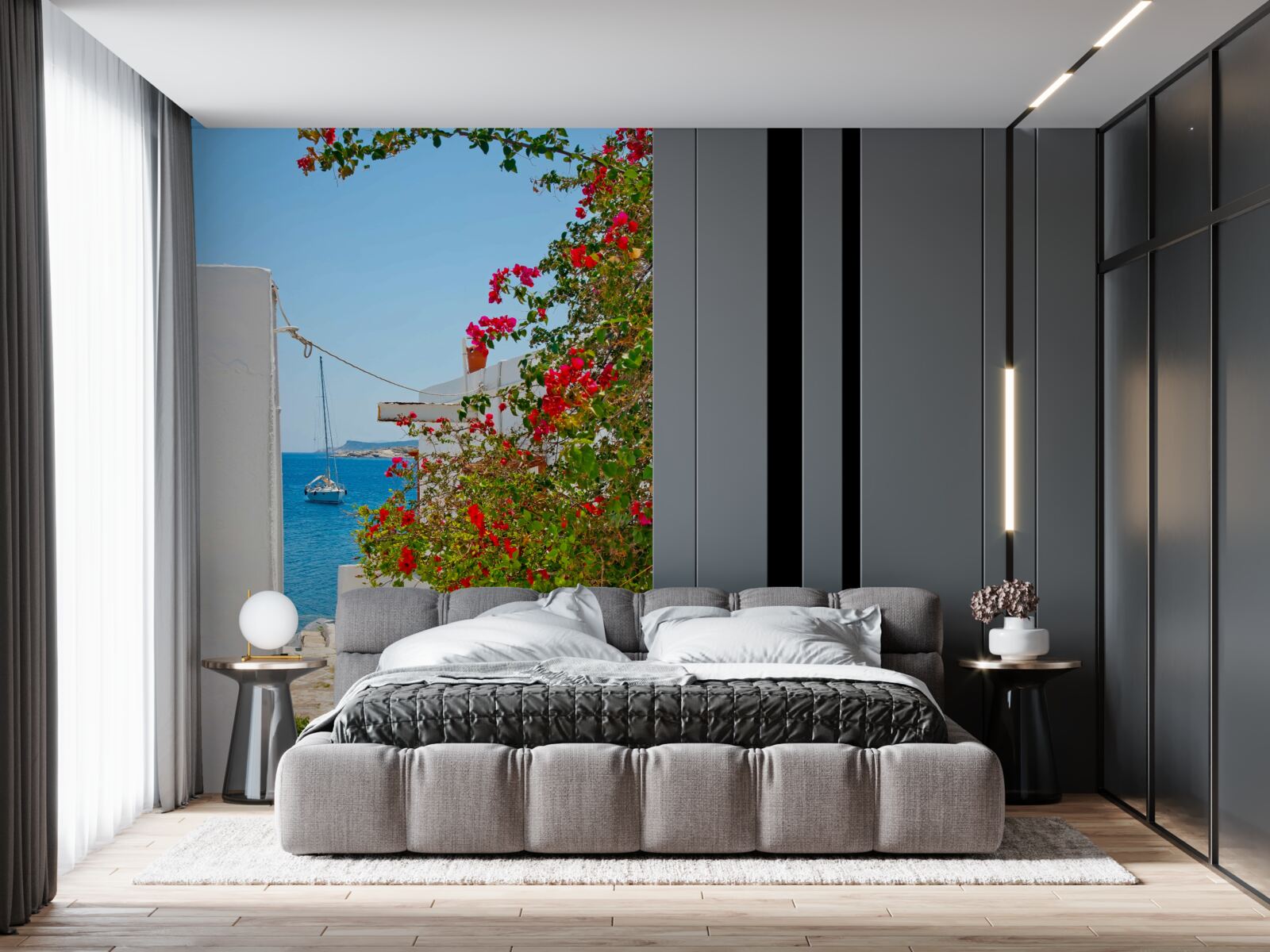 Fotobehang de kleur van rode granaatappel gluurt door de muren van witte huizen