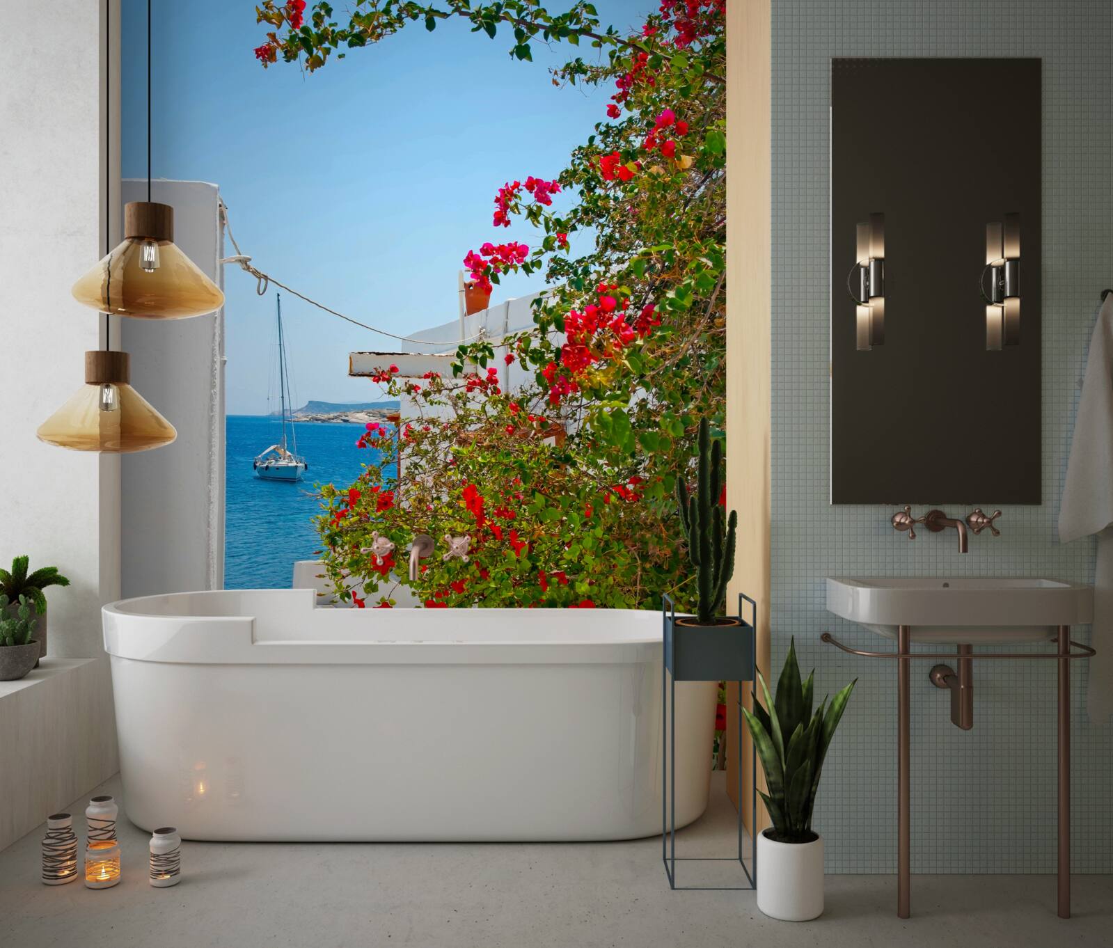 Fotobehang de kleur van rode granaatappel gluurt door de muren van witte huizen