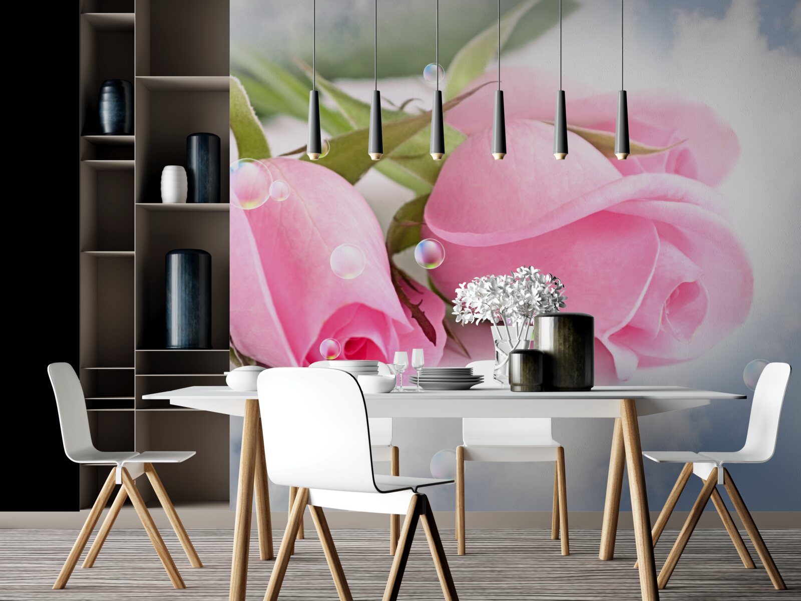 Fotobehang roze rozen met dauwdruppels op een zijden achtergrond