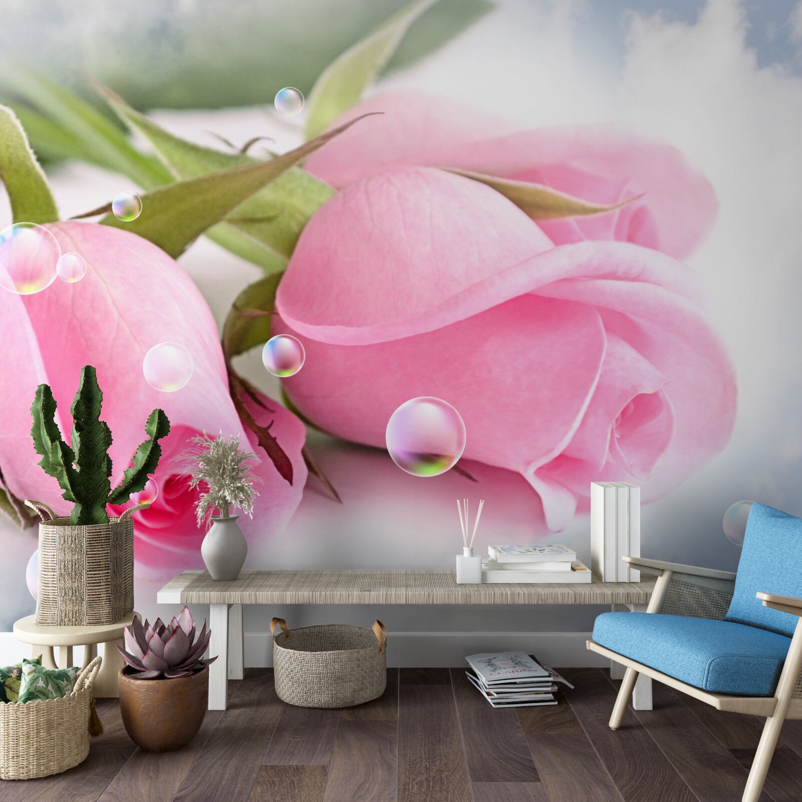 Fotobehang roze rozen met dauwdruppels op een zijden achtergrond