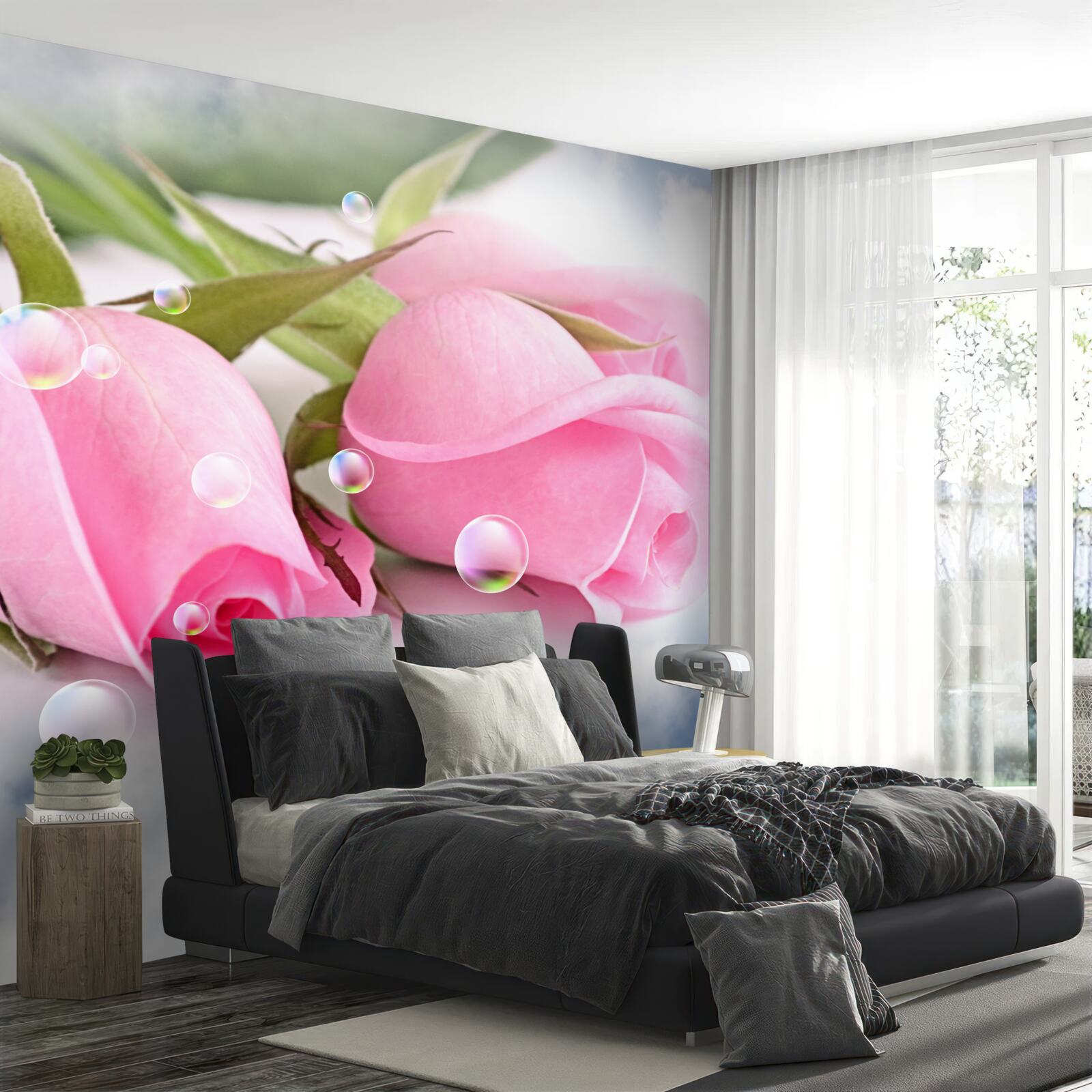 Fotobehang roze rozen met dauwdruppels op een zijden achtergrond