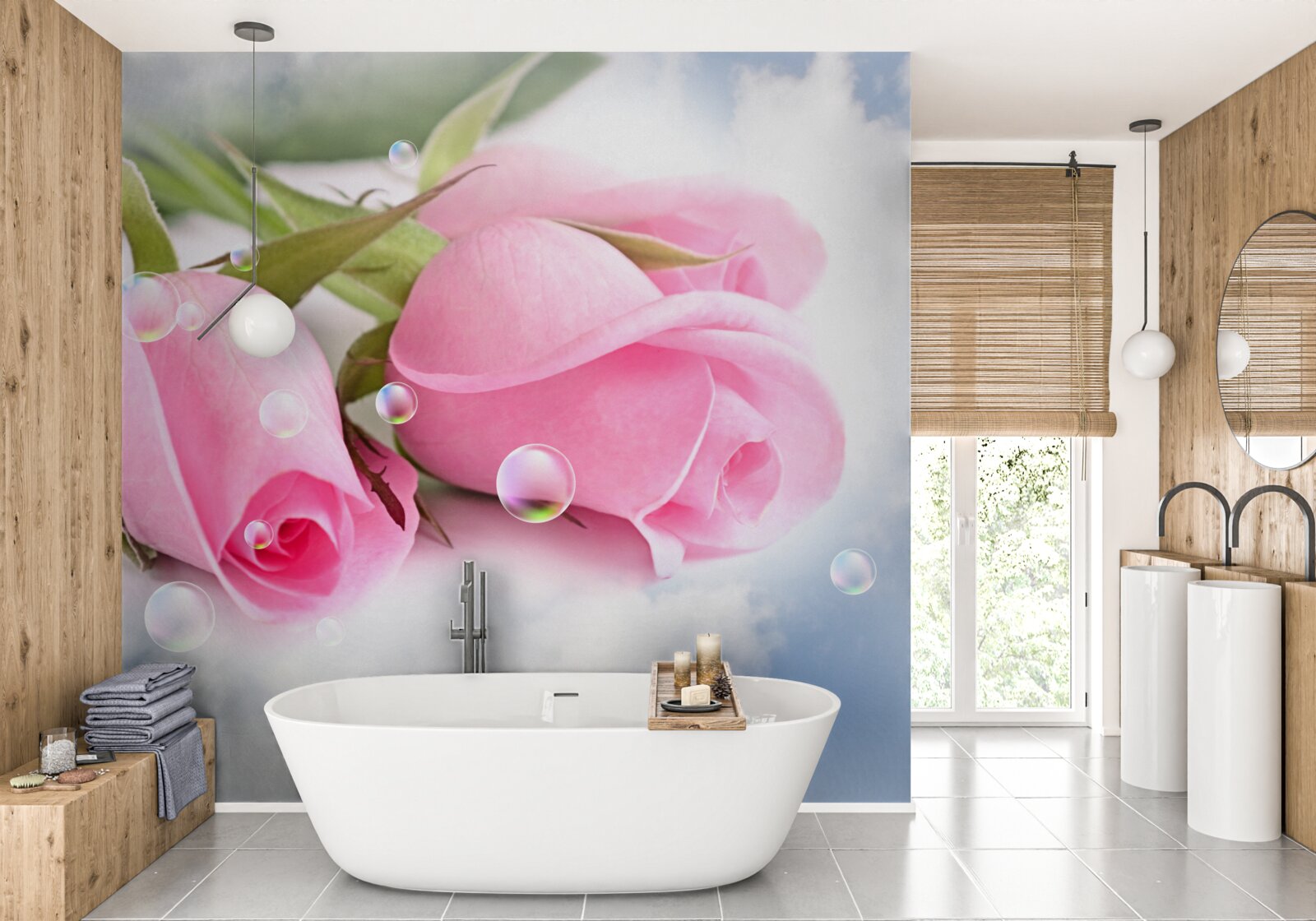 Fotobehang roze rozen met dauwdruppels op een zijden achtergrond