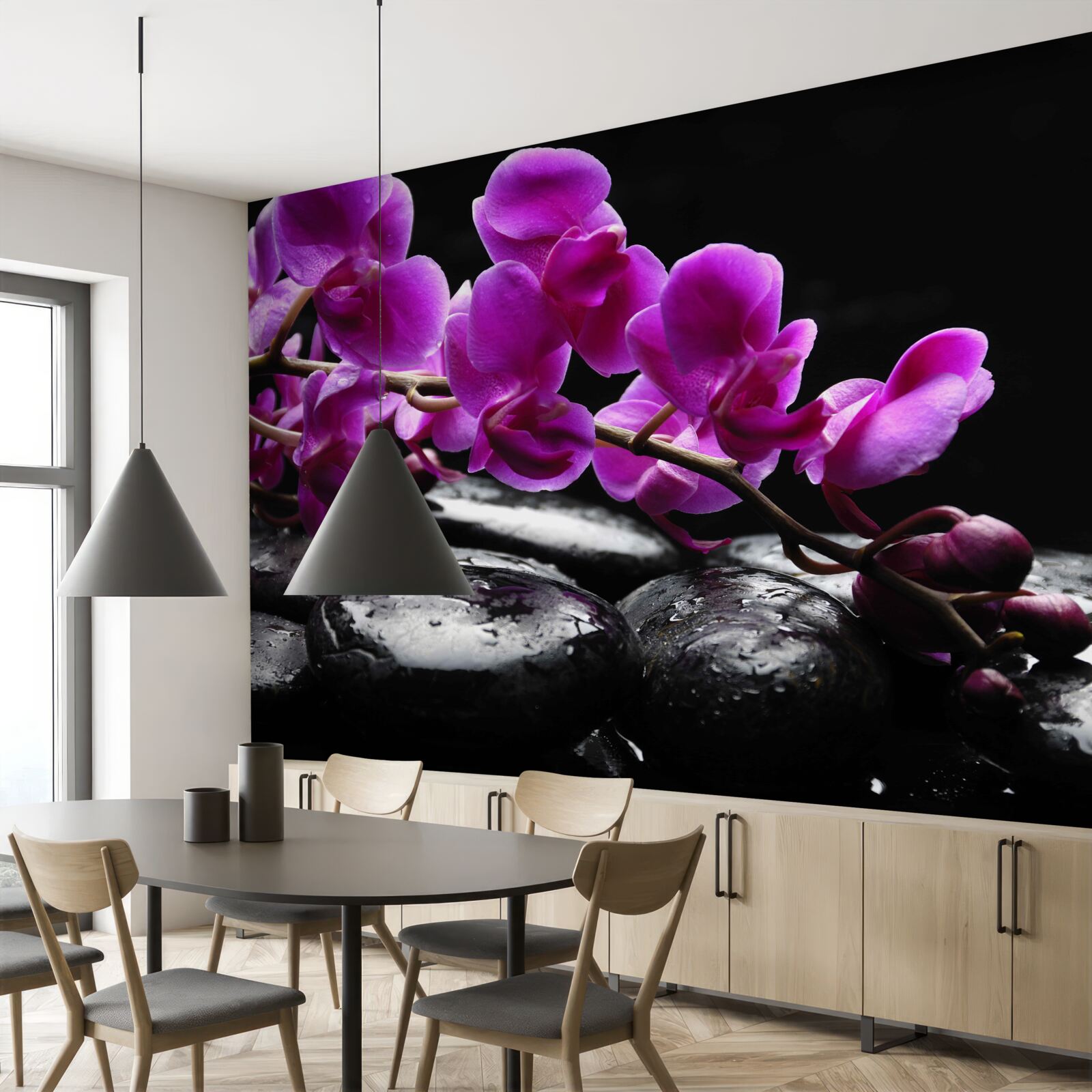 Fotobehang zwarte steen met paarse orchideeëntak