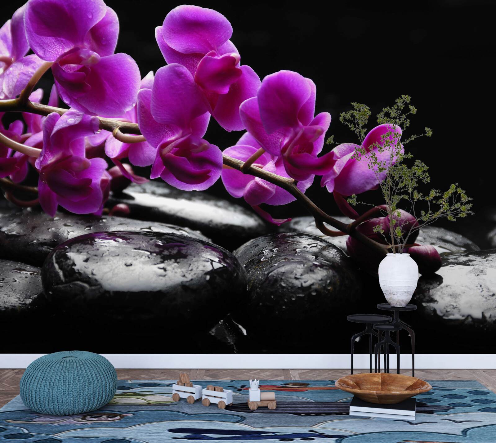Fotobehang zwarte steen met paarse orchideeëntak