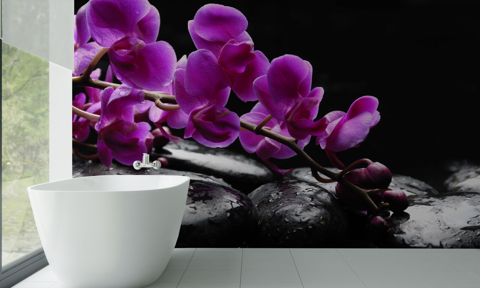 Fotobehang zwarte steen met paarse orchideeëntak