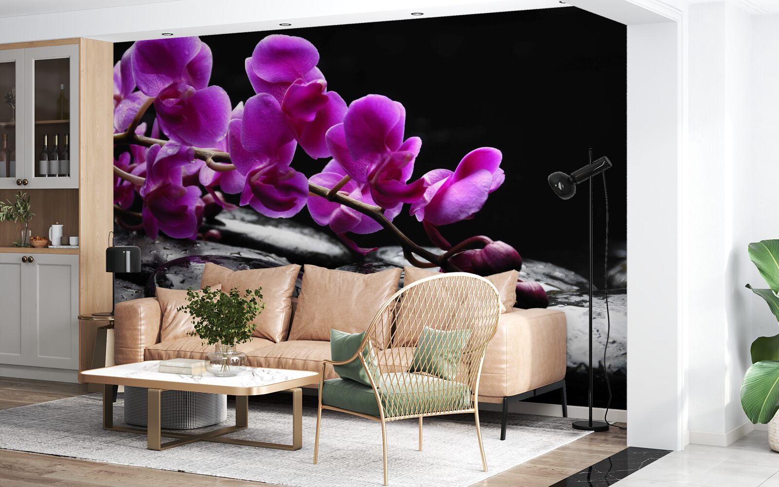 Fotobehang zwarte steen met paarse orchideeëntak