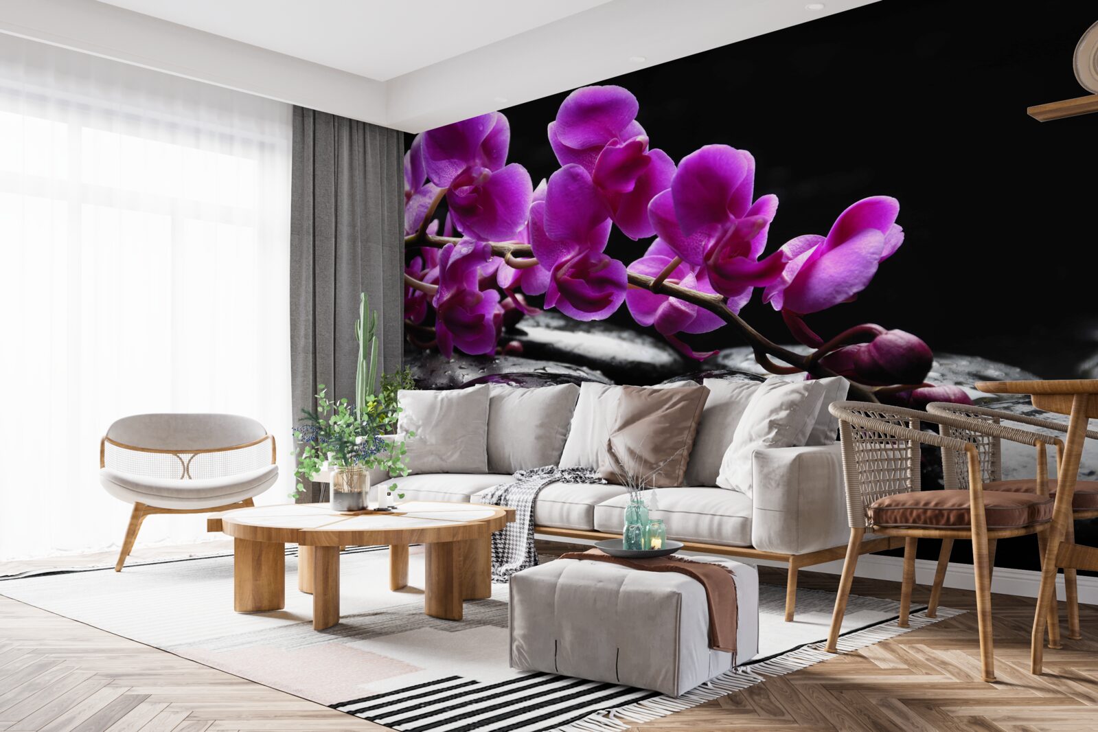 Fotobehang zwarte steen met paarse orchideeëntak