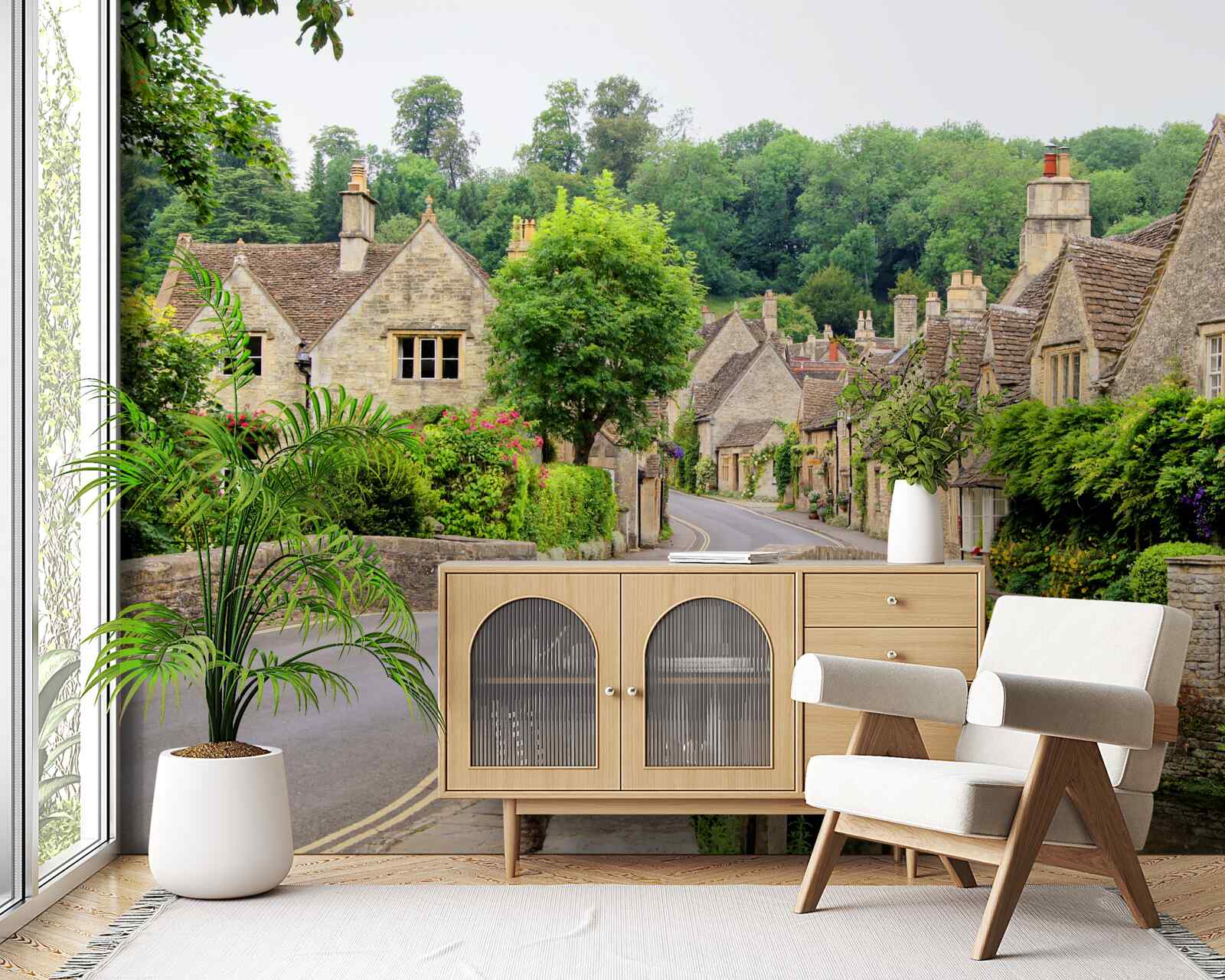 Fotobehang oude gebouwen met groene mosbedekking en brug