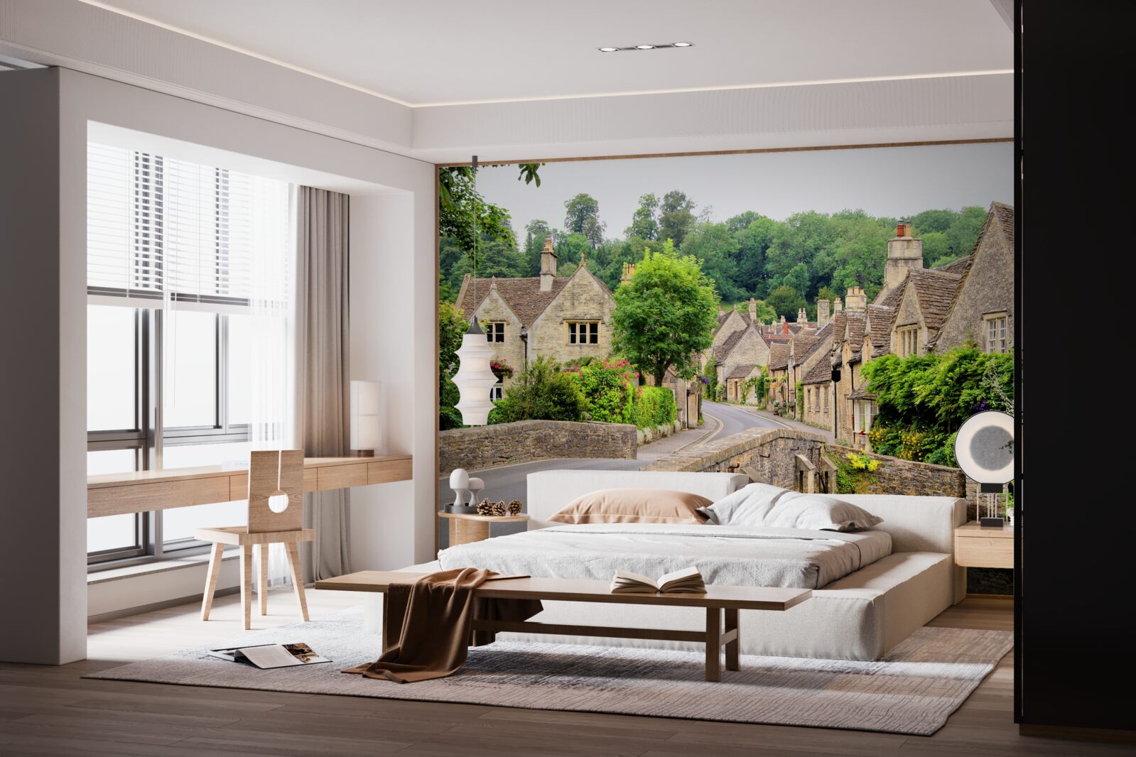 Fotobehang oude gebouwen met groene mosbedekking en brug