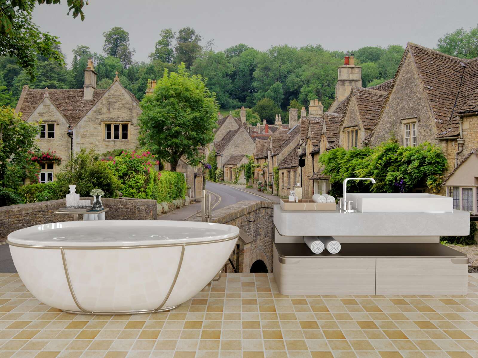 Fotobehang oude gebouwen met groene mosbedekking en brug