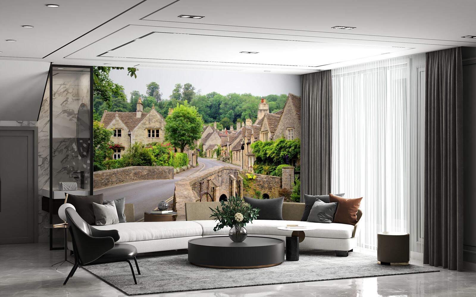 Fotobehang oude gebouwen met groene mosbedekking en brug